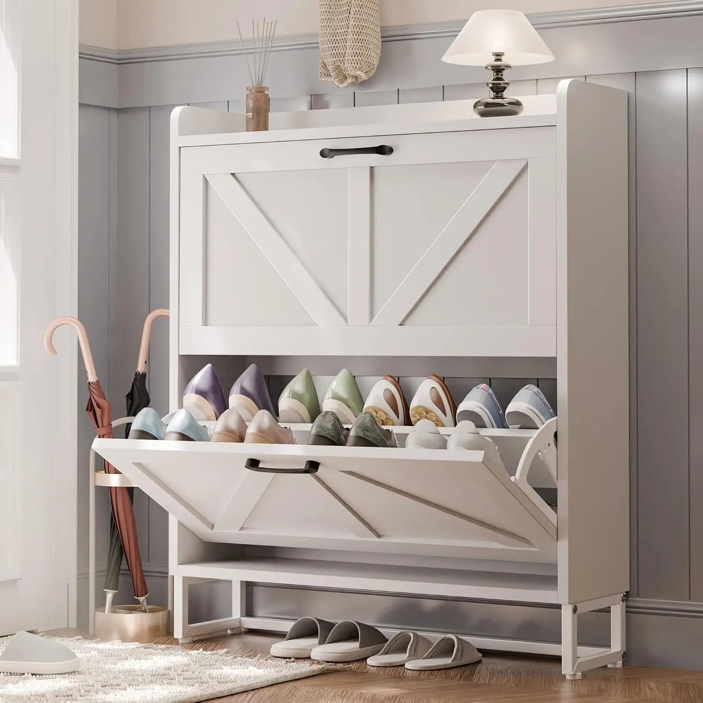 Shoe Storage Cabinet with 4 Flip Drawers, Freestanding Shoe Cabinet, Slim Shoe Organizer with Wood Legs for Entryway