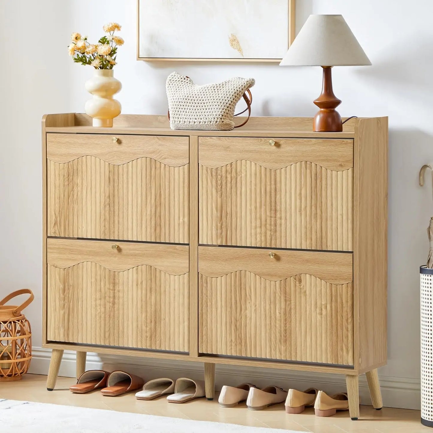 31.5” Fluted Shoe Storage Cabinet with 2 Flip Drawers,Narrow Shoe Storage Organizer Rack with Wave Door for, Customized