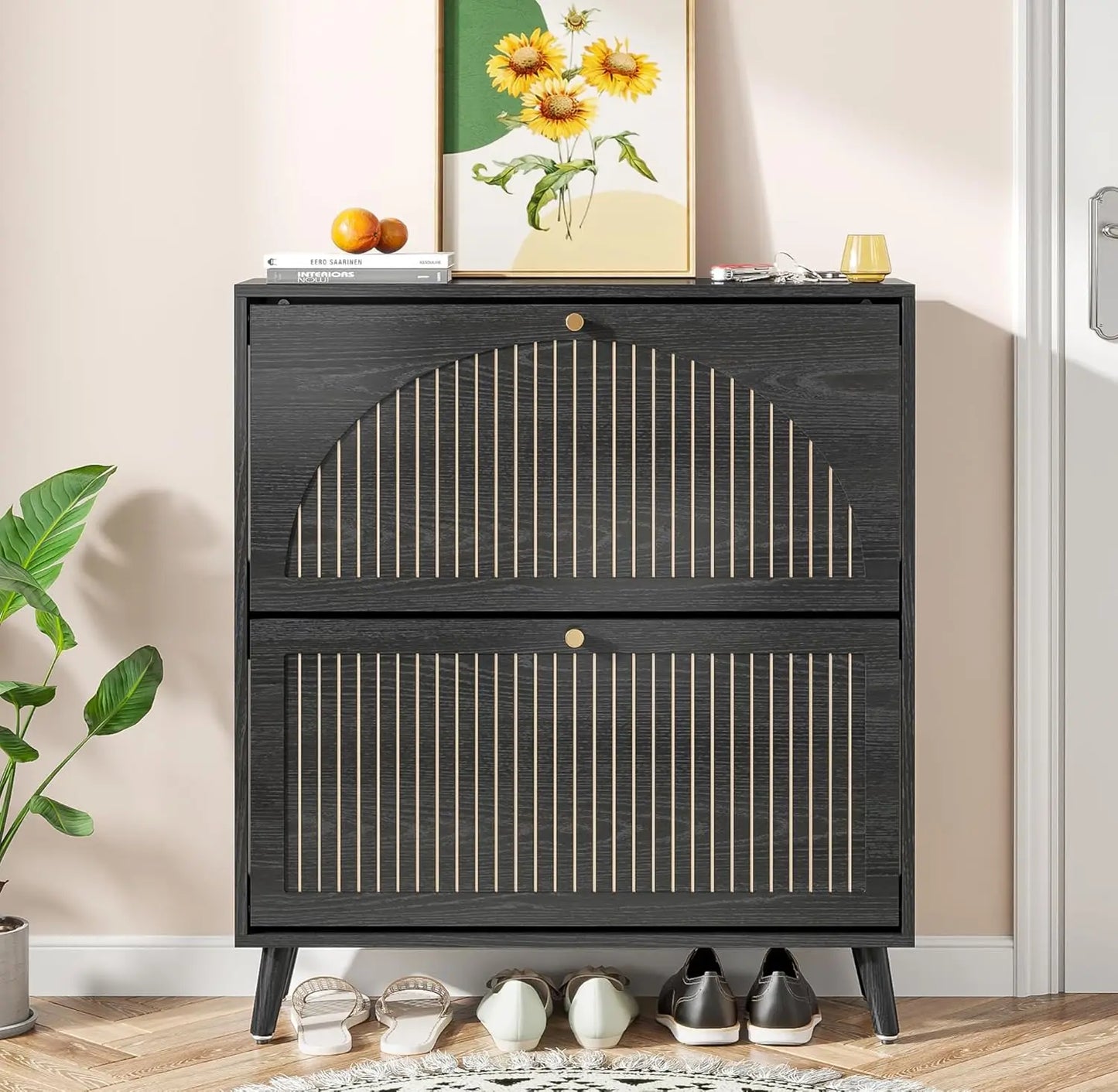 Shoe Storage Cabinet for Entryway , Narrow Wood Shoes Cabinet with Fluted Panel, Freestanding Hidden Shoe Organizer