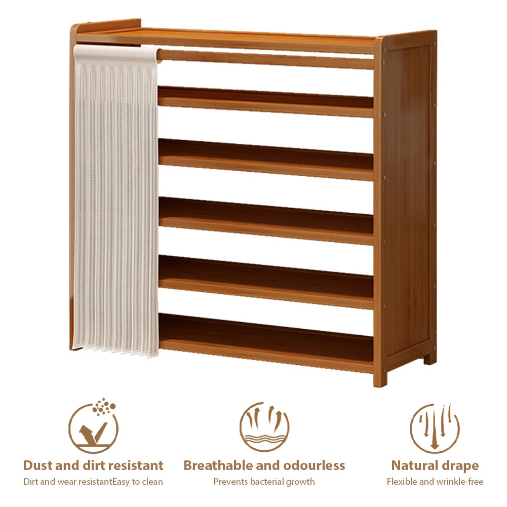 6-Tier Shoe Storage Cabinet Wooden Shoe Rack Shelf Space Saving Multiple-Layers Shoes Organizer Bracket With Dust-Proof Curtain