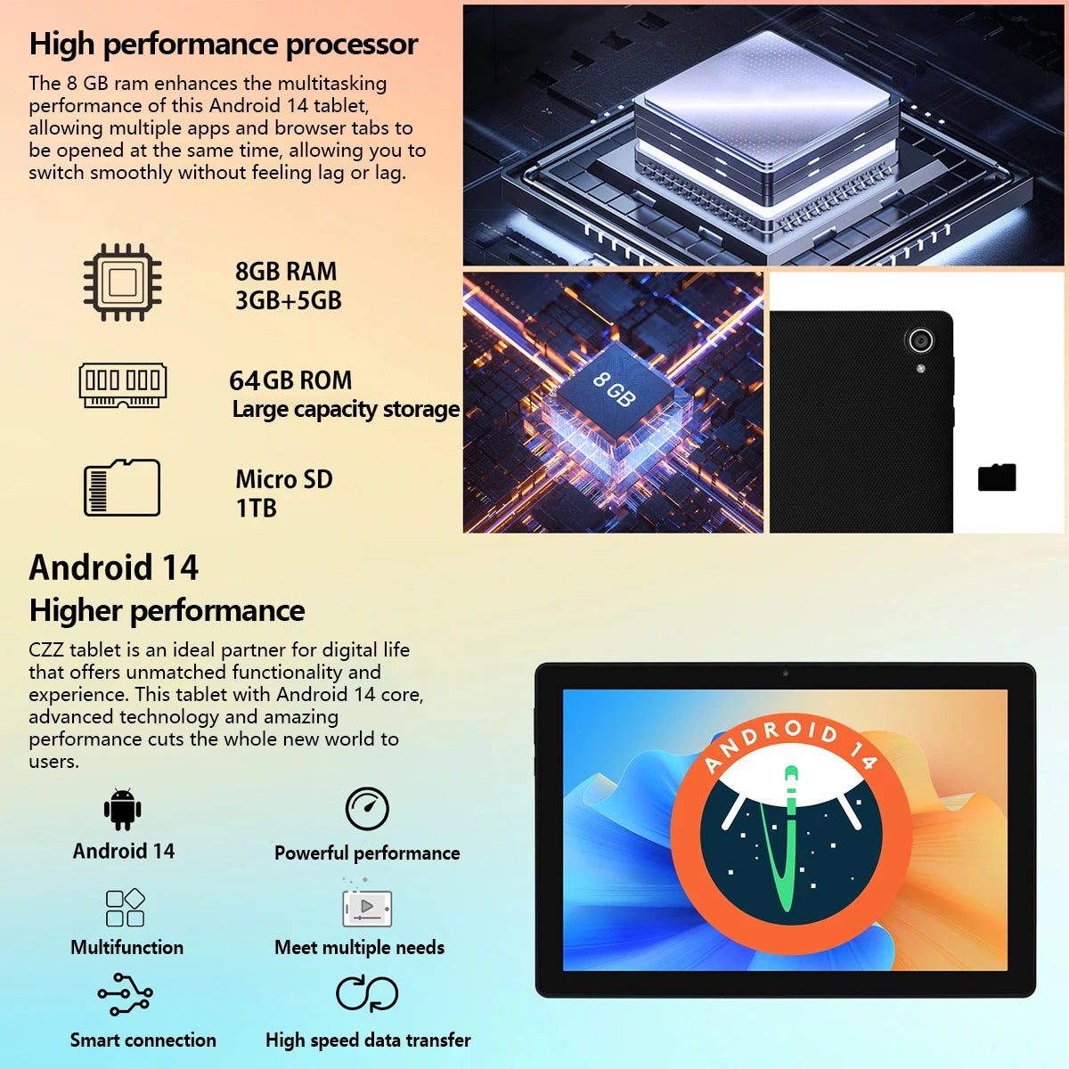 New 10.1 inch Tablet Android 14 Phablet 8GB RAM 32GB ROM Widevine L1 HD Octa-Core 2.0 GHz WiFi 6 Bluetooth 5.0 5000mWh Battery