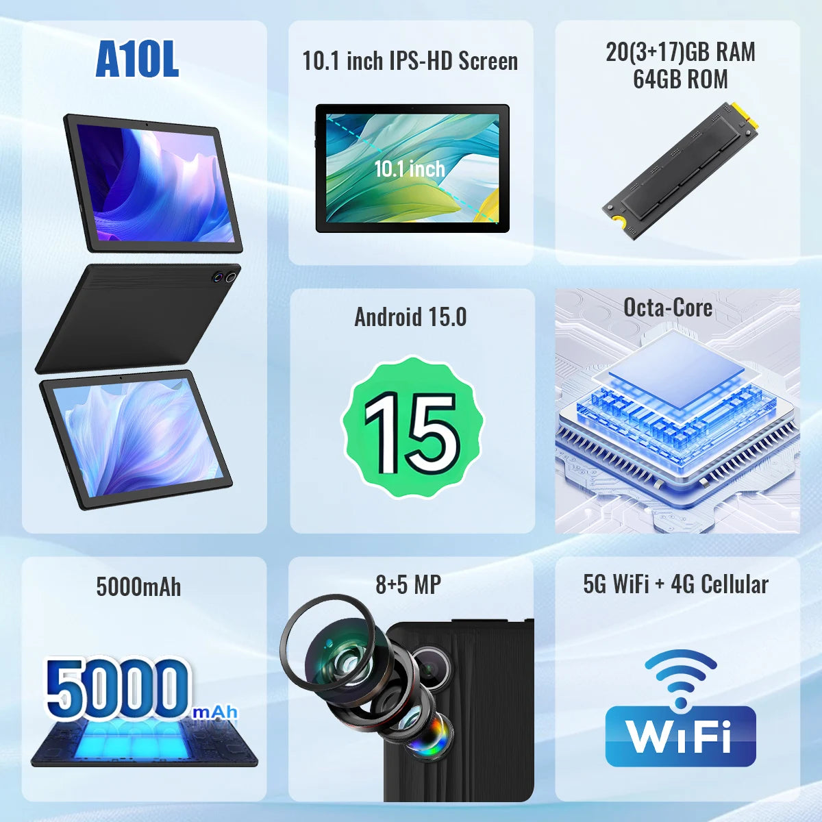 10.1 Inch Android 15 Tablet 8 Core Tablets 20GB+64GB 1TB Expansion WiFi 6 5MP+8MP Stylus Keyboard Mouse Headphone PC PAD Set