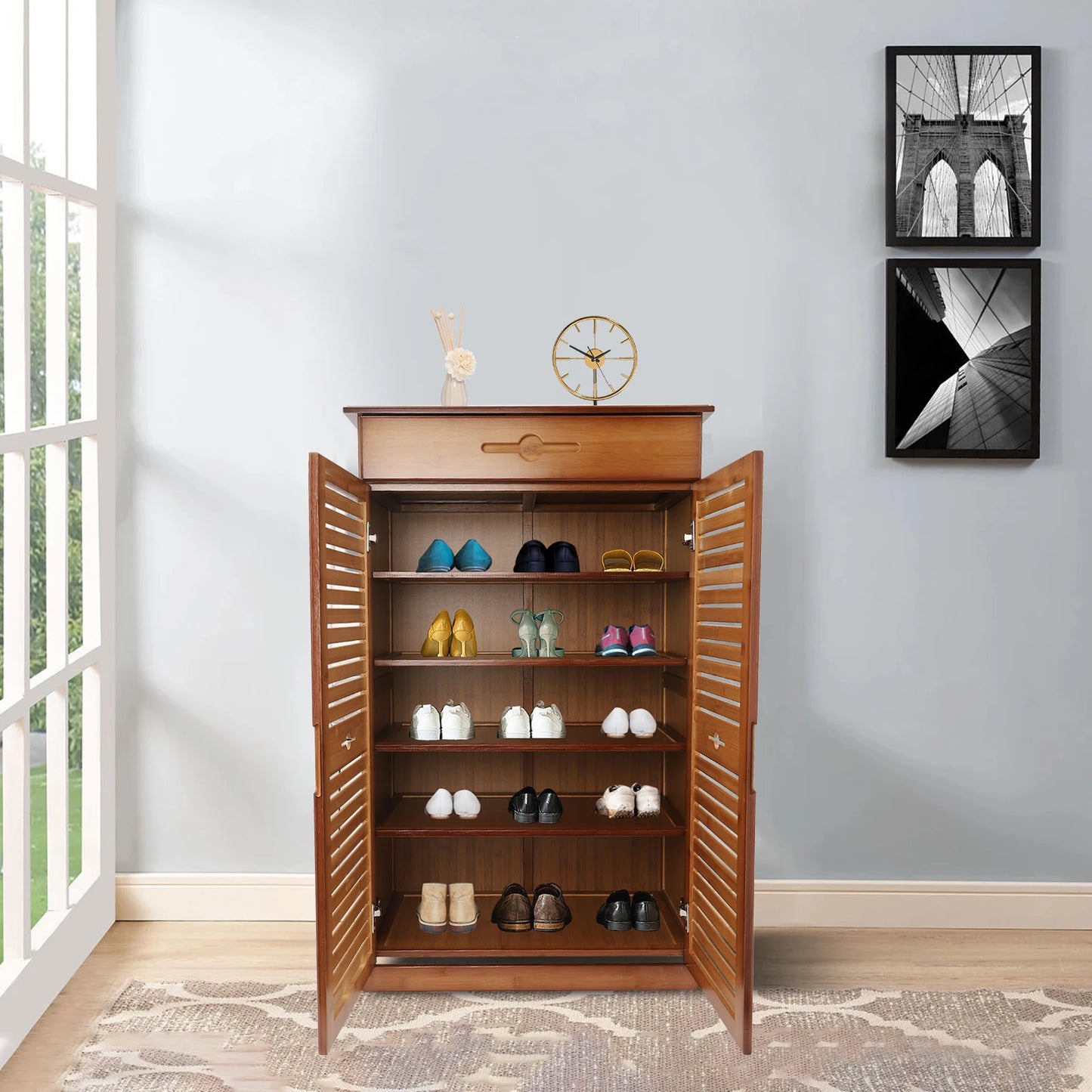 5-Tier Bamboo Shoe Rack w/ Drawer & Doors - Retro Entryway Storage Organizer Cabinet - Solid Wood Shoe Shelf for Hallway Closet