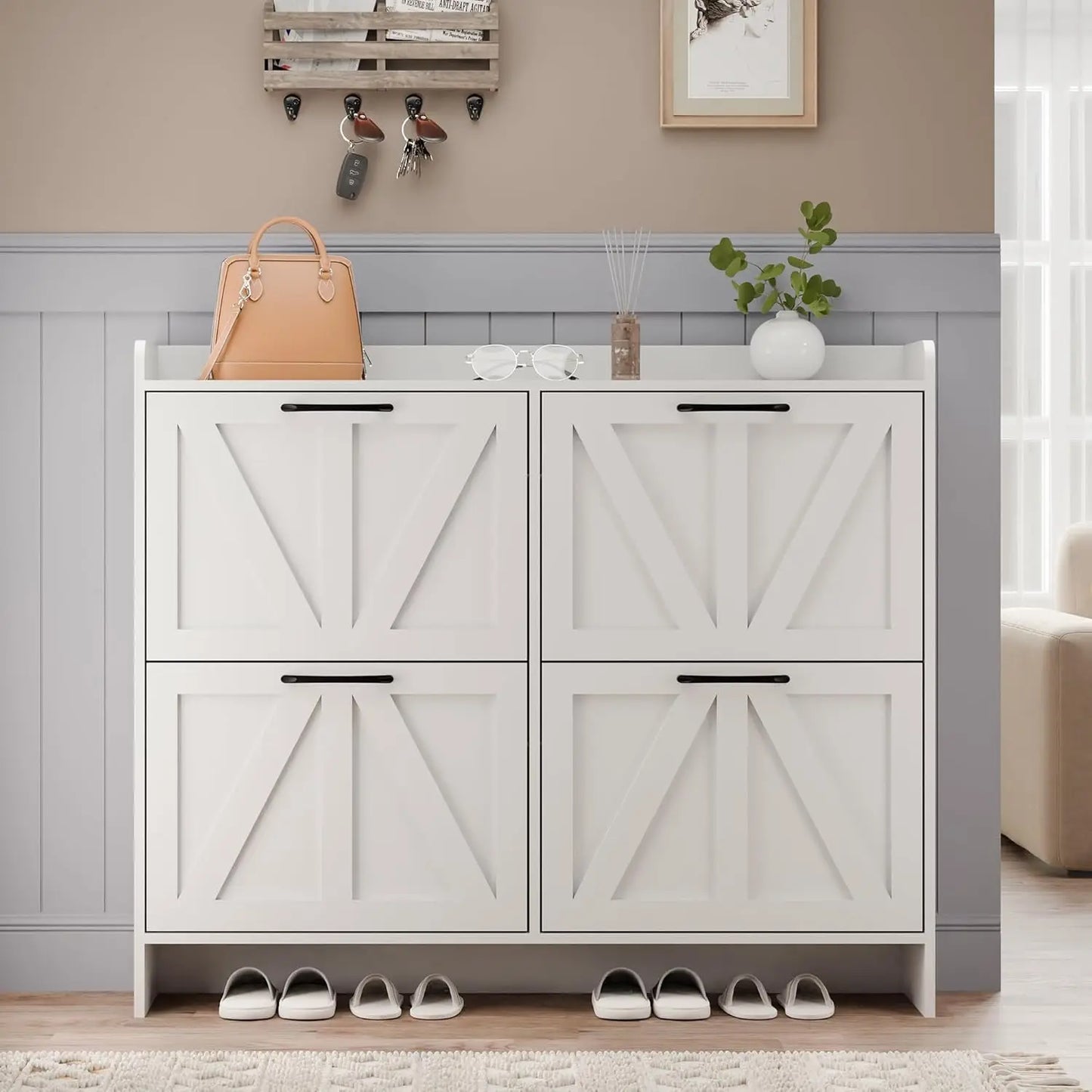Shoe Storage Cabinet with 4 Flip Drawers, Freestanding Shoe Cabinet, Slim Shoe Organizer with Wood Legs for Entryway