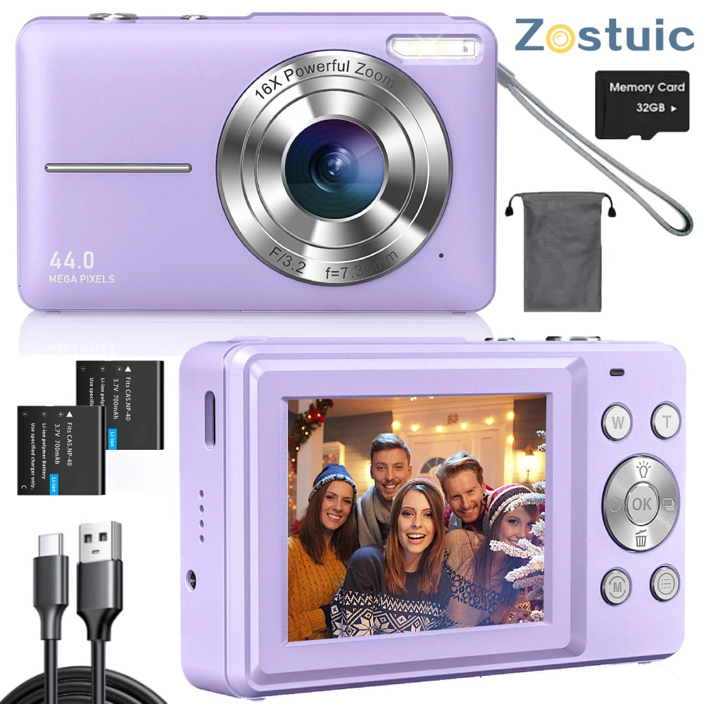 ZOSTUIC Digital Camera, FHD 1080P Camera, Digital Point and Shoot Camera with 16X Zoom Anti Shake, 32G Card Compact Purple Cam