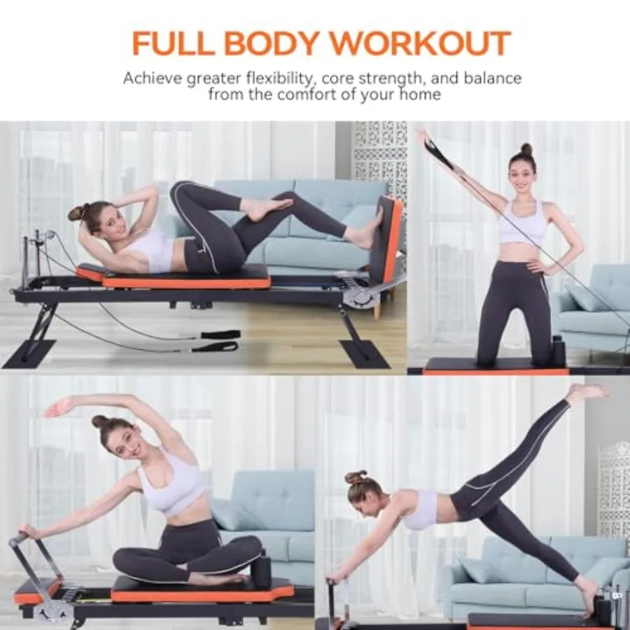 Foldable Pilates Reformer Machine for Home Gym Workout with 4 Springs 5 Cords Black Suitable for Beginners and Advanced Users U