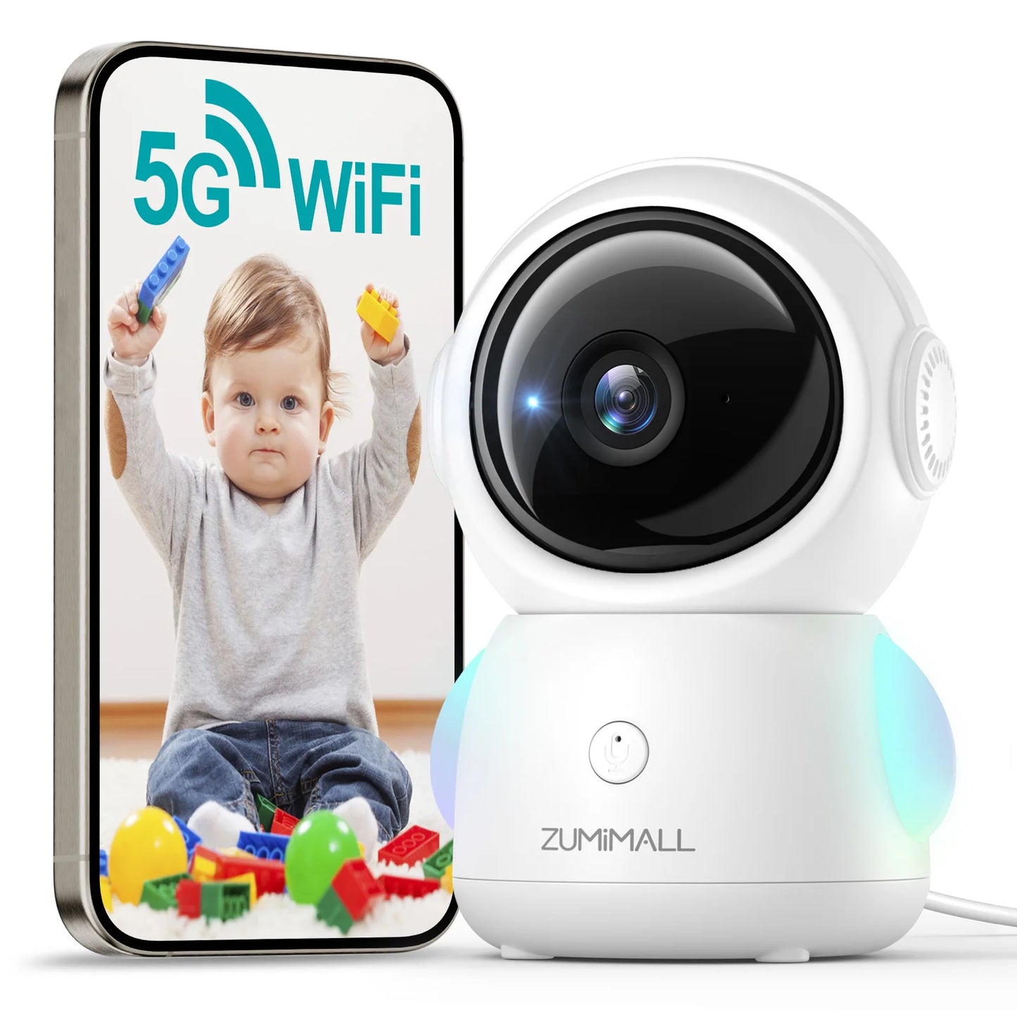 ZUMIMALL Wired security Camera, 5G/2.4G WiFi Baby/Pet Monitor with Camera and Audio,One-Click Call, Auto Tracking, Cry/PIR/AI