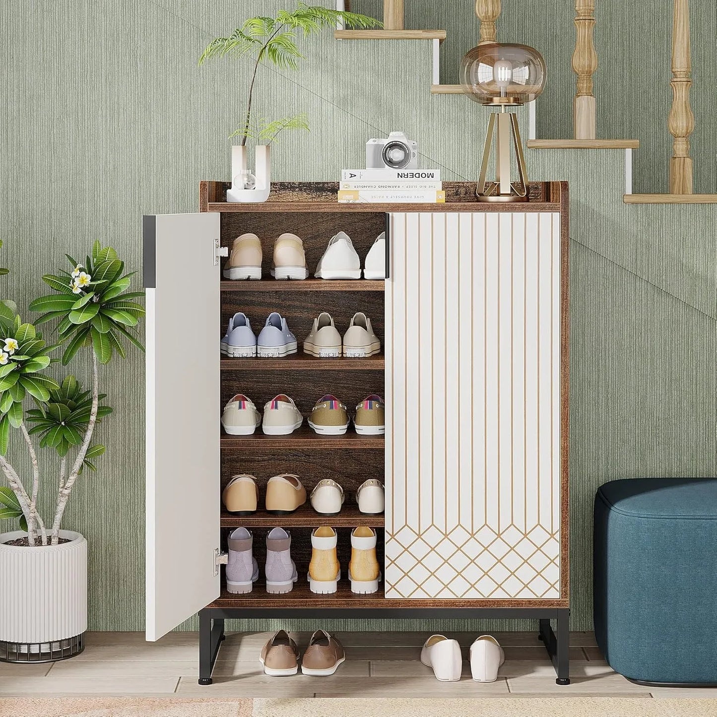 Modern Shoe Cabinet for Entryway, 25 Pairs Shoe Cabinet with Doors, Wood 5-Tier Shoe Organizer for Bedroom Living Room