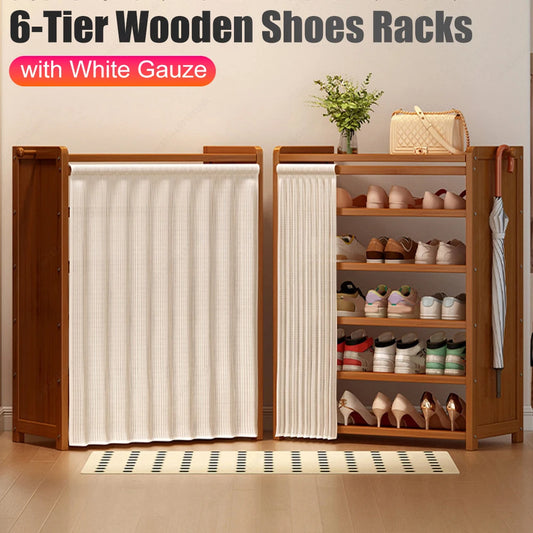6-Tier Wooden Shoe Cabinet Dustproof Multilayer Shoe Rack Organizer Space-Saving Home Furniture for Entryway Hallway Doorway New