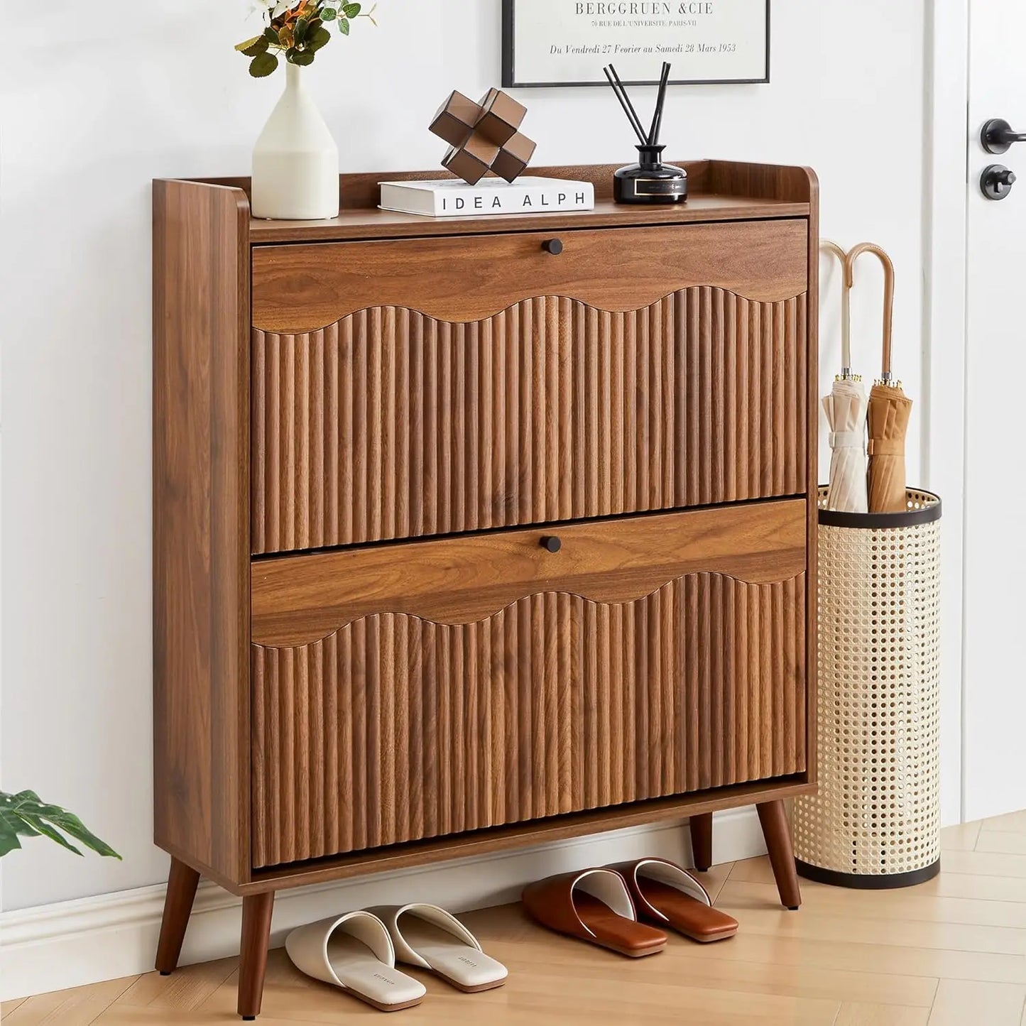 31.5” Fluted Shoe Storage Cabinet with 2 Flip Drawers,Narrow Shoe Storage Organizer Rack with Wave Door for, Customized