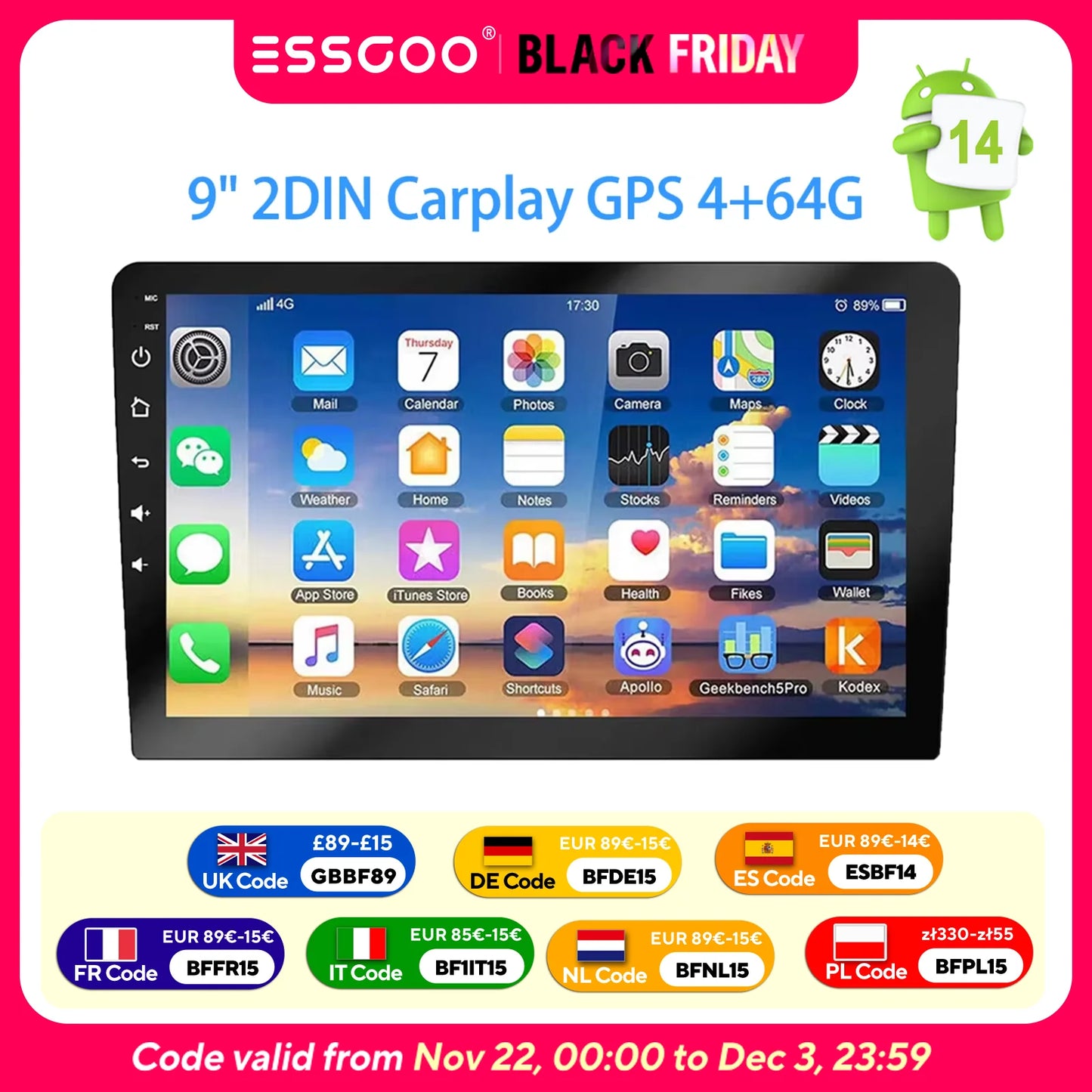 ESSGOO 9Inch 2 DIN Car Stereo Radio Wirless Carplay Android Auto Car Stereo Bluetooth 64G GPS Navigation RDS WiFi USB FM DAB+CAM