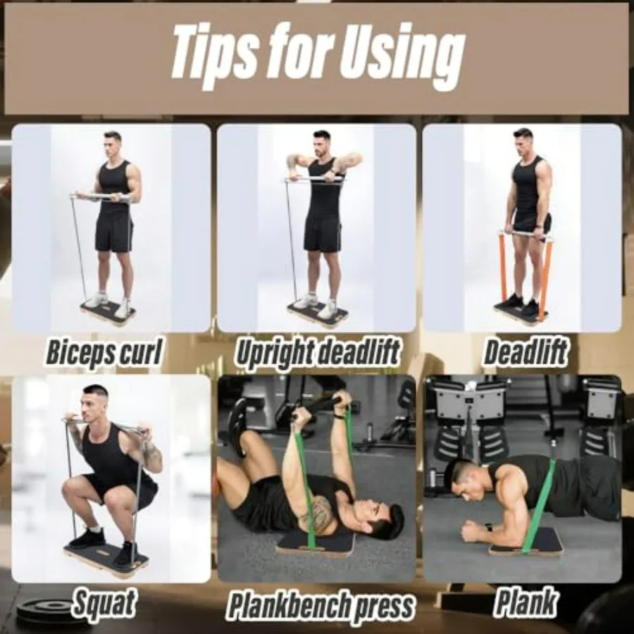 Wooden Resistance Band Foot Plate,Exercise Platform with Non-Slip Surface,Resistance Bar,4 Resistance Bands,for Home Gym, Full-B