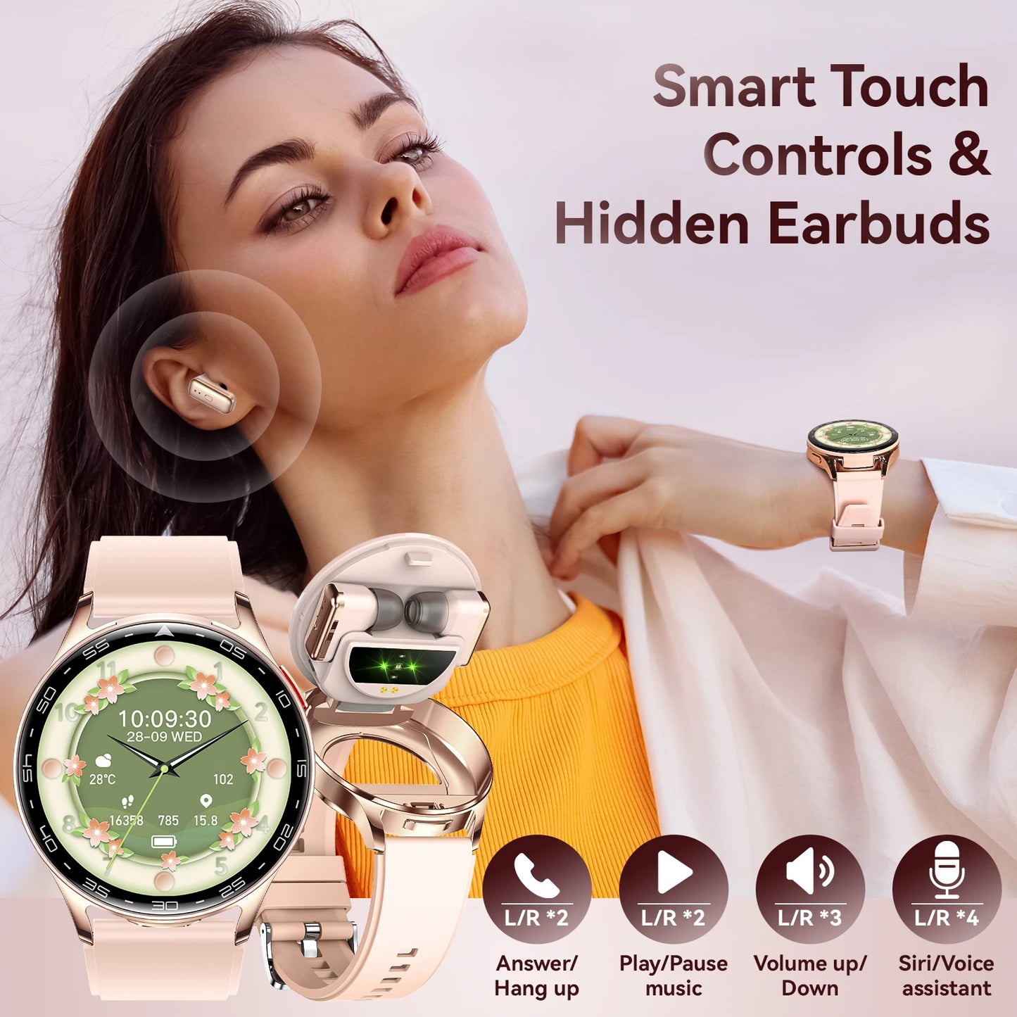EIGIIIS Smart Watch with Earbuds1.39"HD Fitness Watch with Heart Rate Blood Oxygen Sleep Tracker 2 in1 Bluetooth for iOS Android