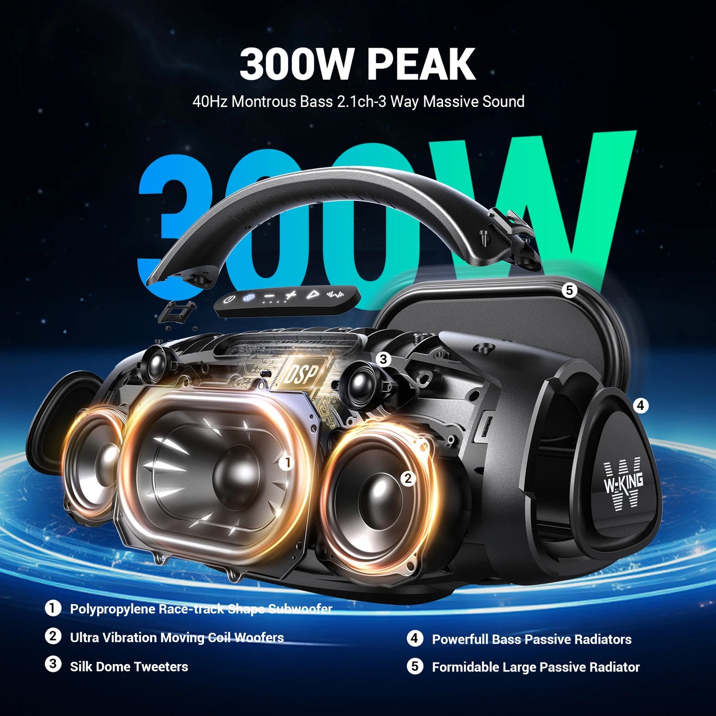 W-KING D20 Portable Bluetooth Speakers,200W RMS Massive Bass Party Boombox IPX7 Waterproof Speaker Large, Loud Outdoor Speaker