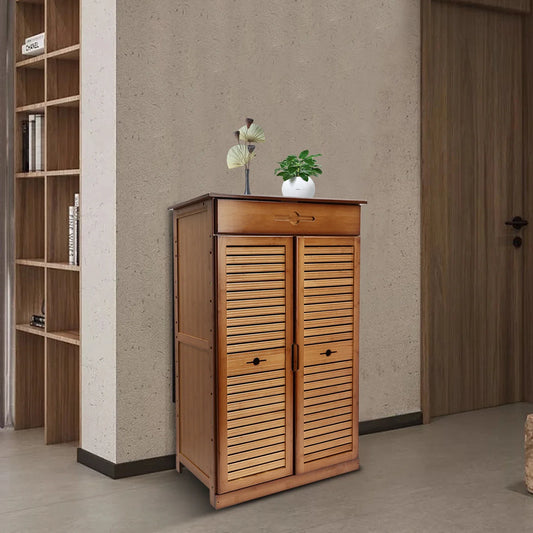 5-Tier Bamboo Shoe Rack w/ Drawer & Doors - Retro Entryway Storage Organizer Cabinet - Solid Wood Shoe Shelf for Hallway Closet