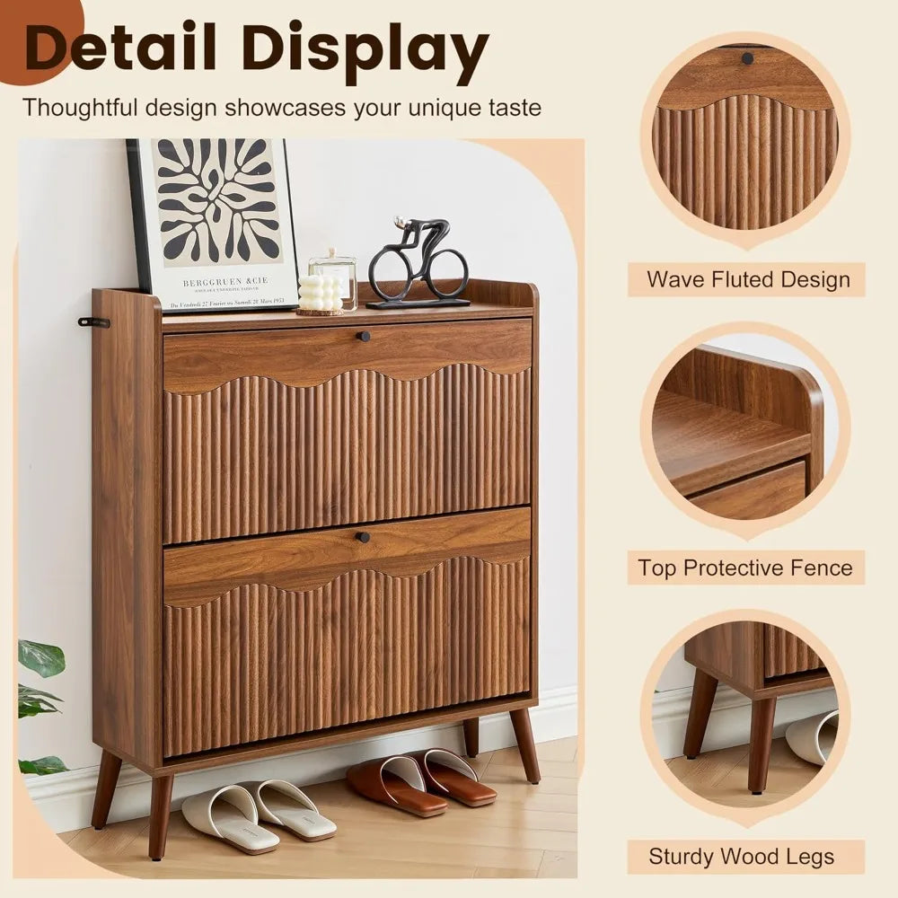 31.5” Fluted Shoe Storage Cabinet with 2 Flip Drawers,Narrow Shoe Storage Organizer Rack with Wave Door for, Customized