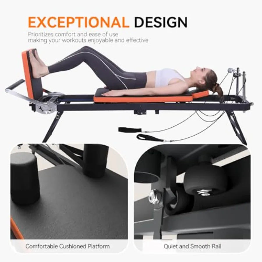 Foldable Pilates Reformer Machine for Home Gym Workout with 4 Springs 5 Cords Black Suitable for Beginners and Advanced Users U