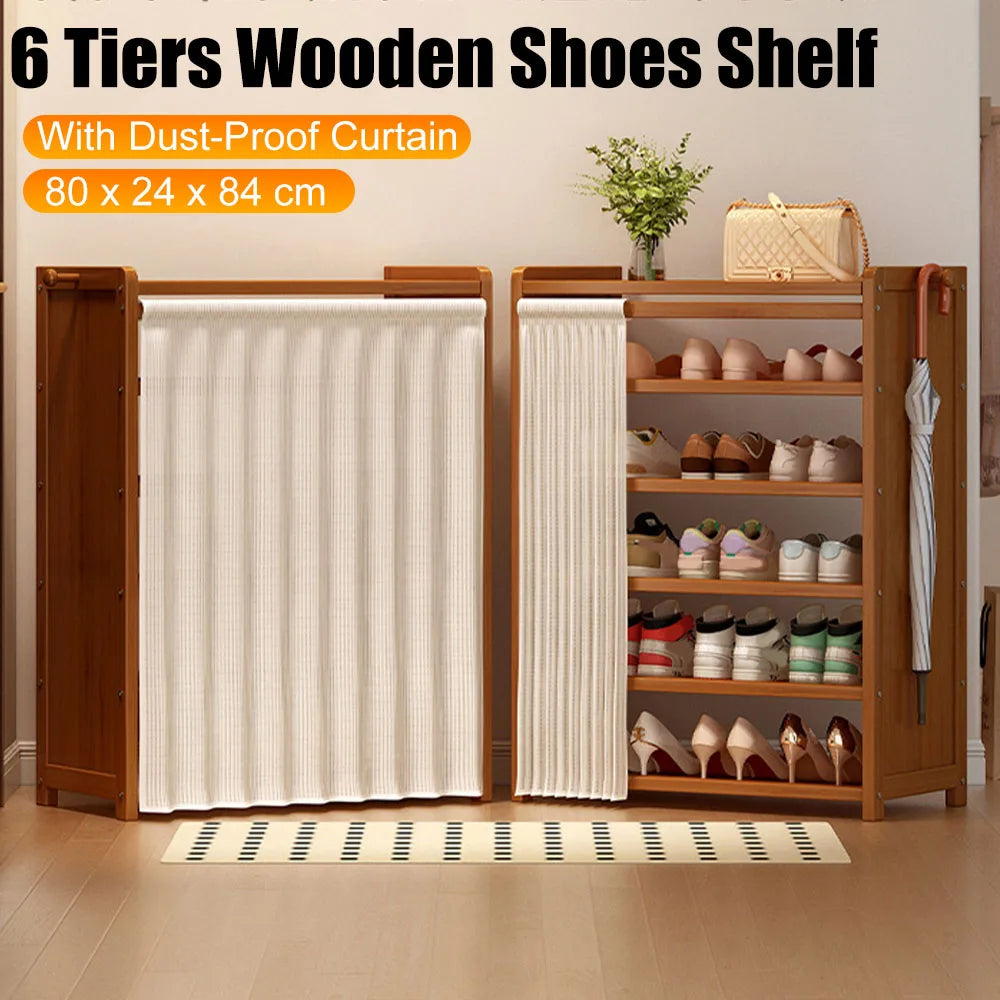 6-Tier Shoe Storage Cabinet Wooden Shoe Rack Shelf Space Saving Multiple-Layers Shoes Organizer Bracket With Dust-Proof Curtain