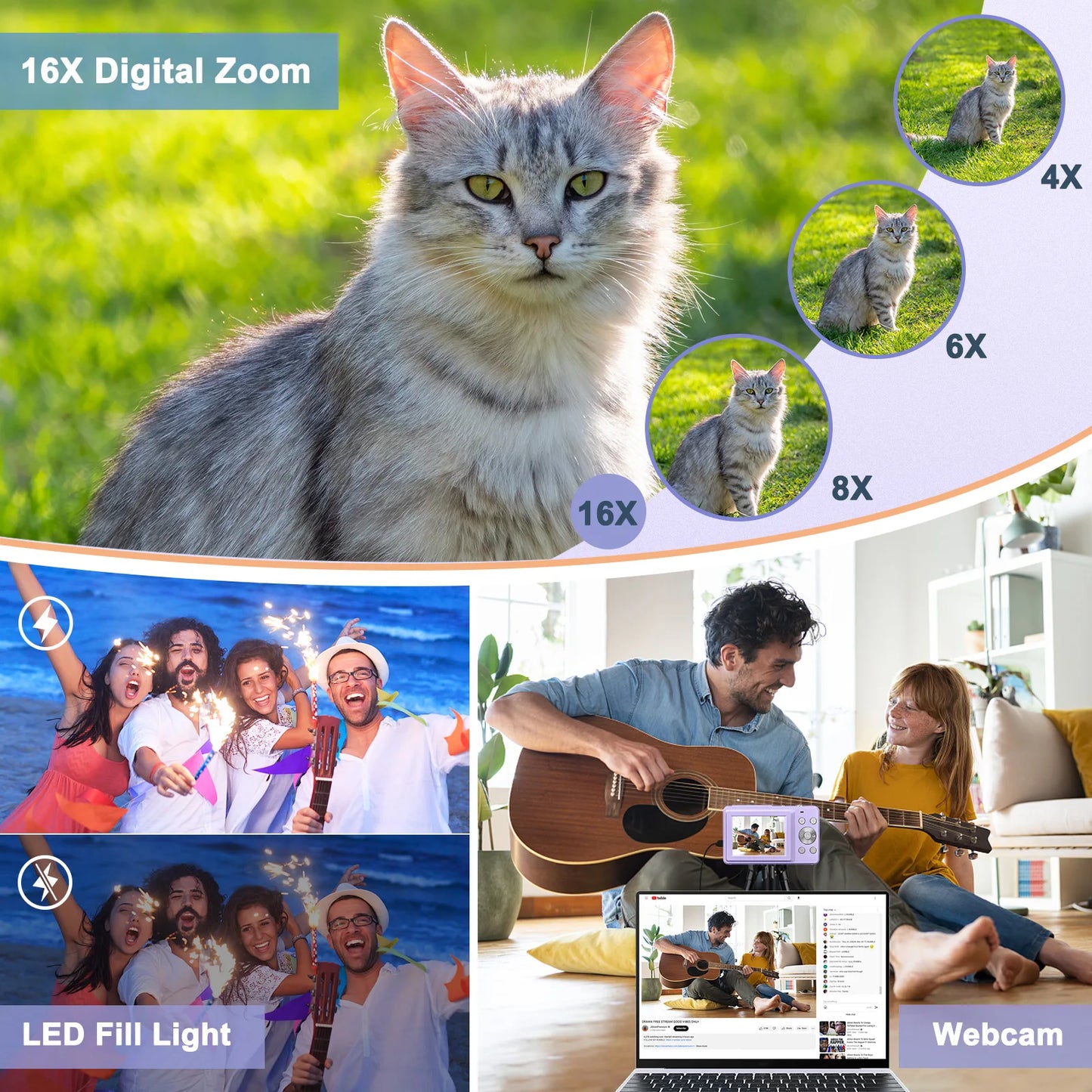 ZOSTUIC Digital Camera, FHD 1080P Camera, Digital Point and Shoot Camera with 16X Zoom Anti Shake, 32G Card Compact Purple Cam