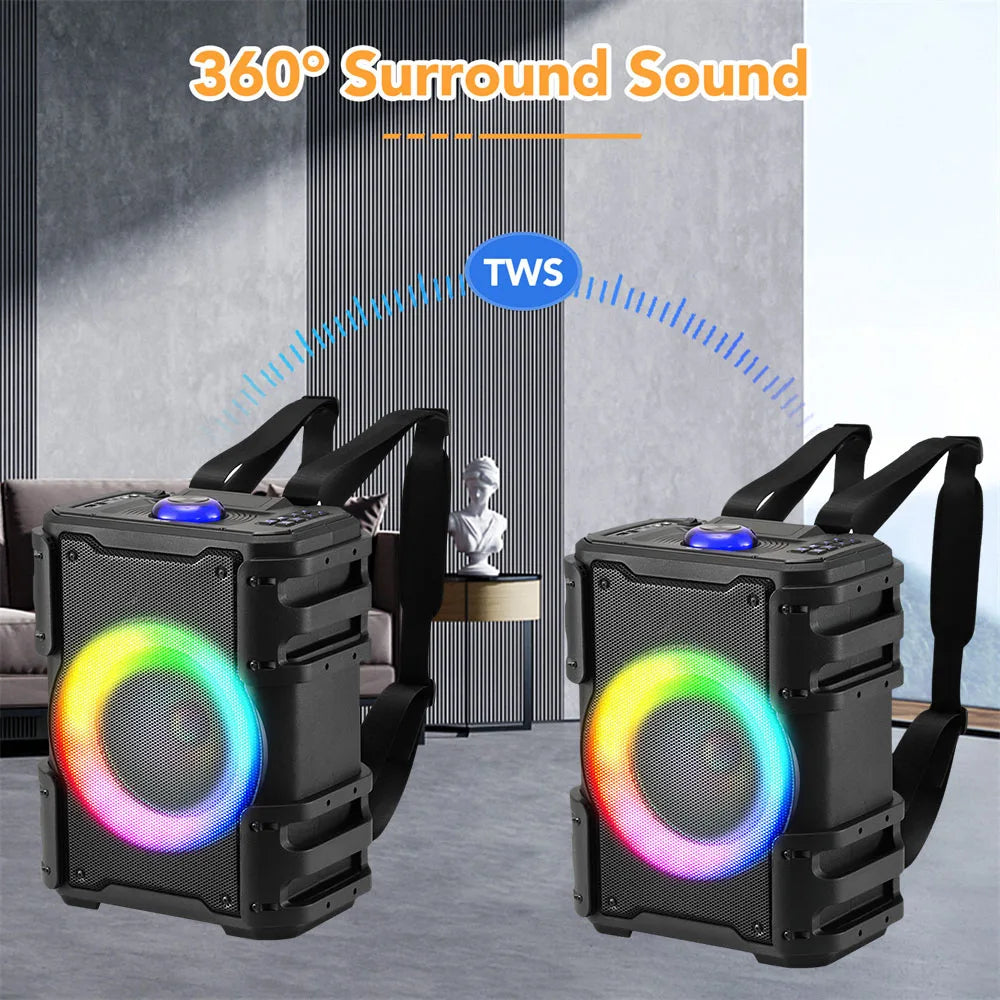 6000W Portable Backpack Outdoor Bluetooth Speaker 8 Inches Sub Woofer Heavy Bass Sound System Led Light Rechargeable Speaker