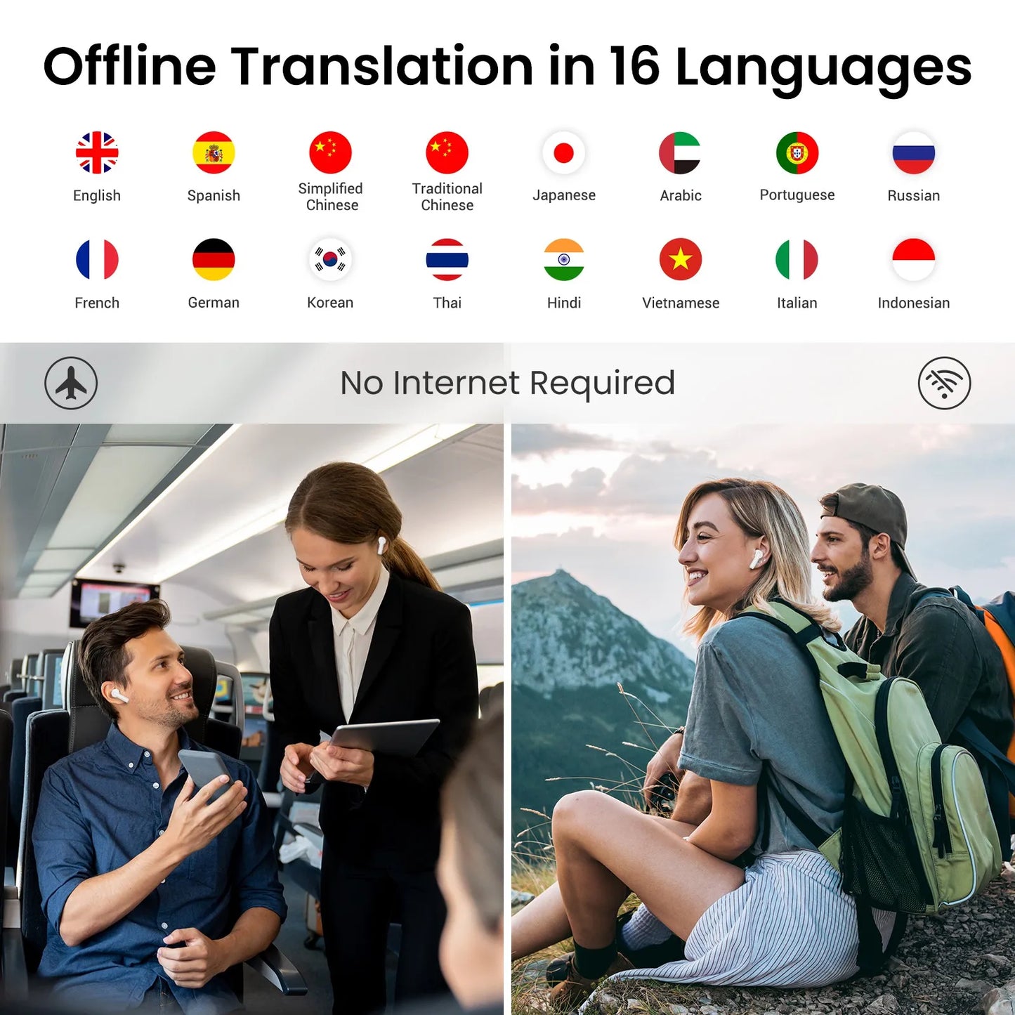 Wooask A8 Translator Earbuds,Innovative ChatGPT AI Translator Earphones with Touch Screen, 144 Languages with 16 Offline Packs