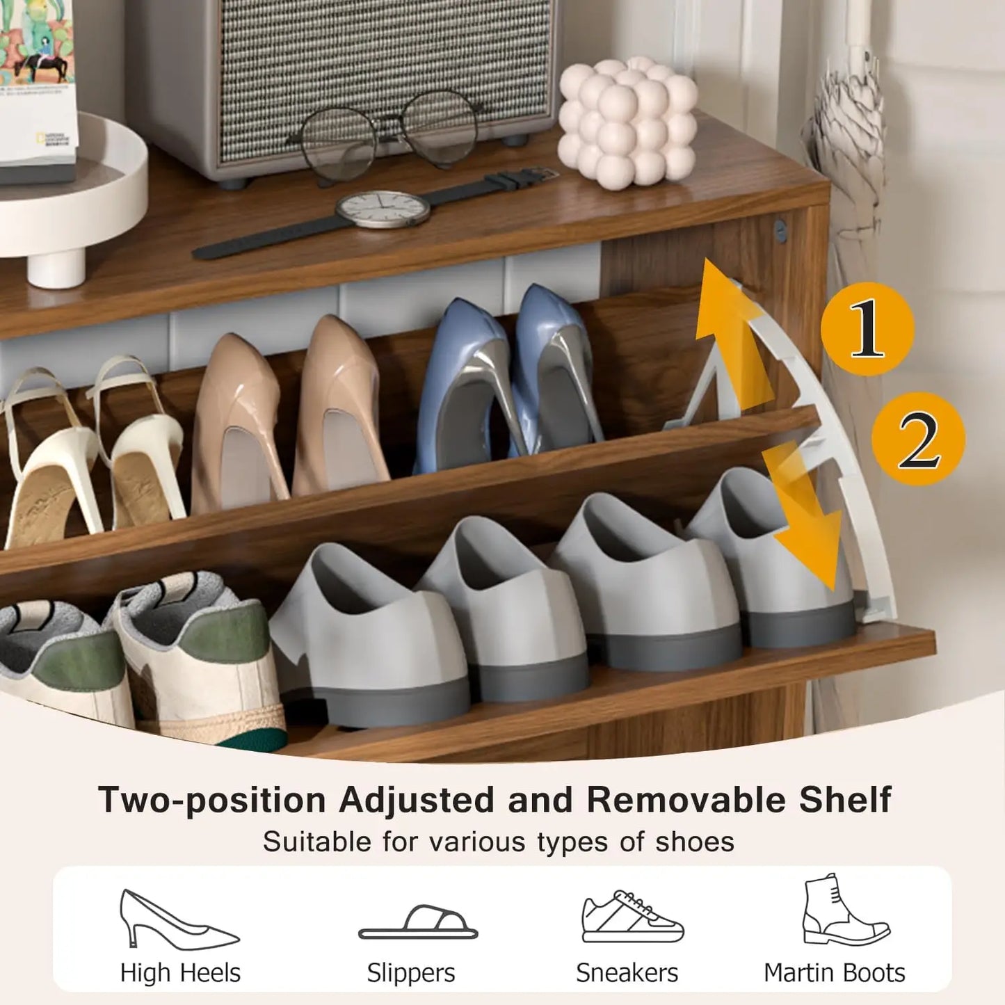 Shoe Storage Cabinet for Entryway , Narrow Wood Shoes Cabinet with Fluted Panel, Freestanding Hidden Shoe Organizer