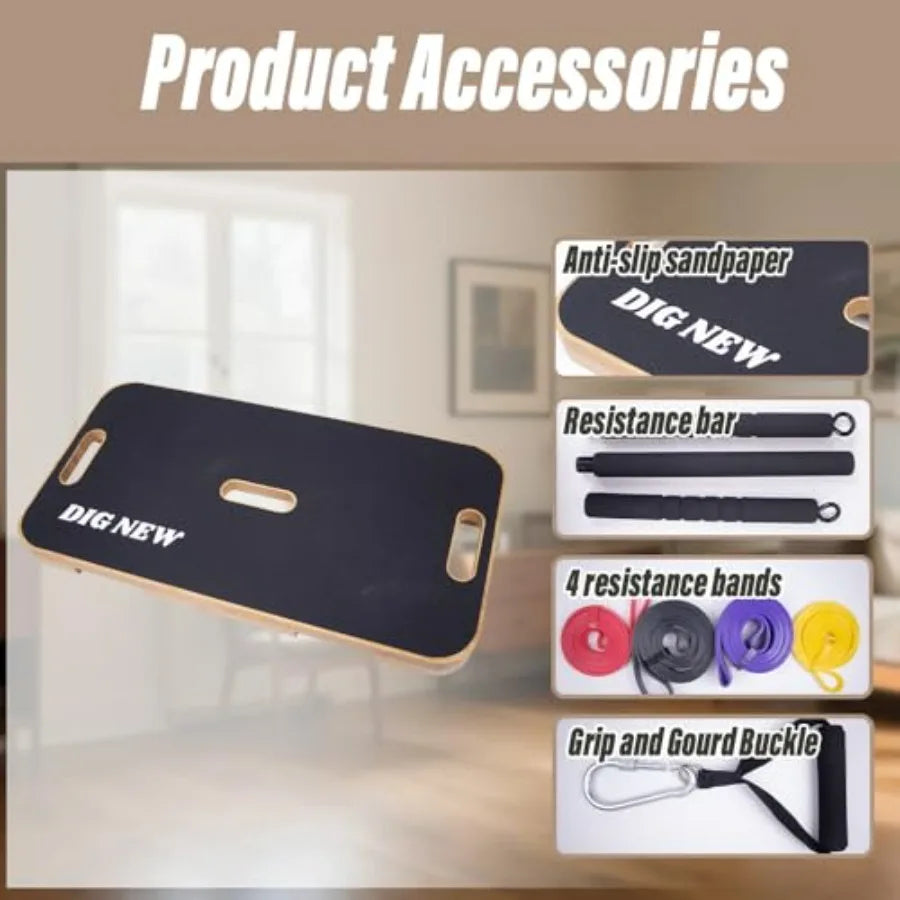 Wooden Resistance Band Foot Plate,Exercise Platform with Non-Slip Surface,Resistance Bar,4 Resistance Bands,for Home Gym, Full-B