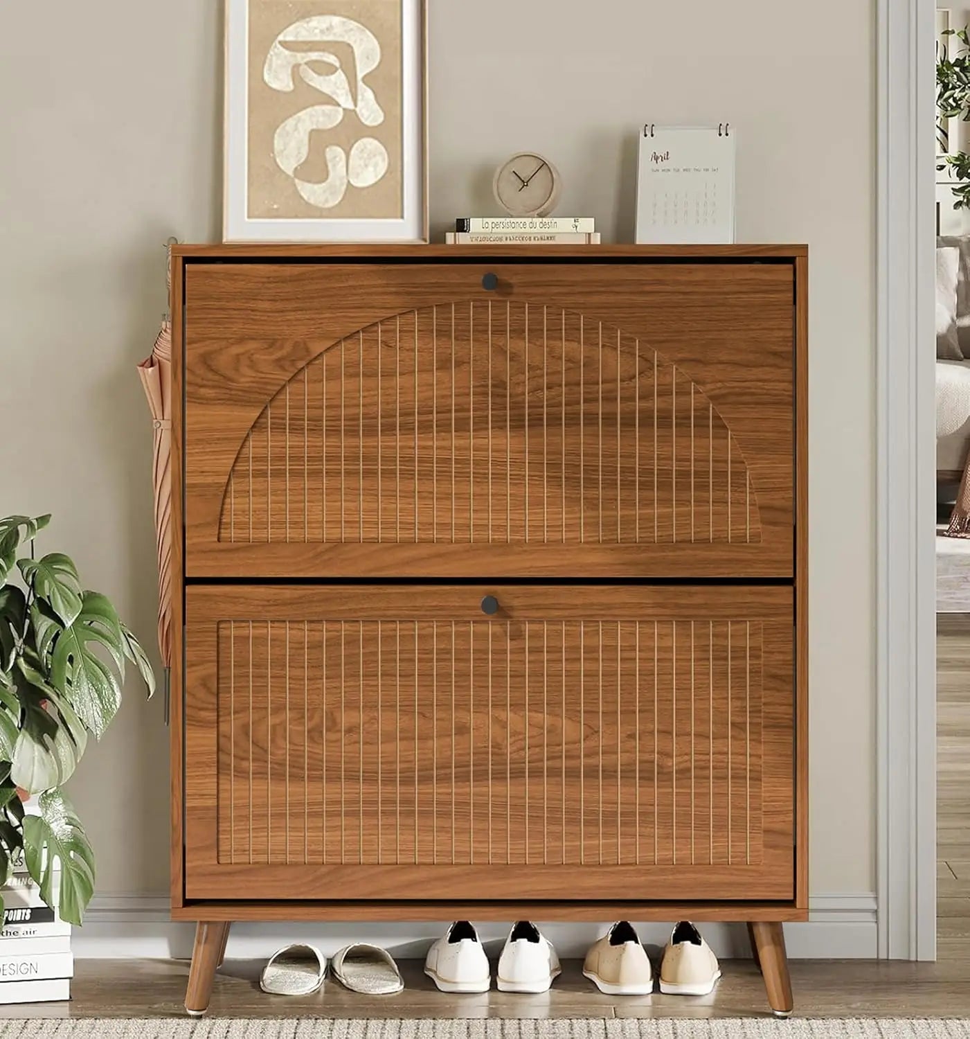 Shoe Storage Cabinet for Entryway , Narrow Wood Shoes Cabinet with Fluted Panel, Freestanding Hidden Shoe Organizer