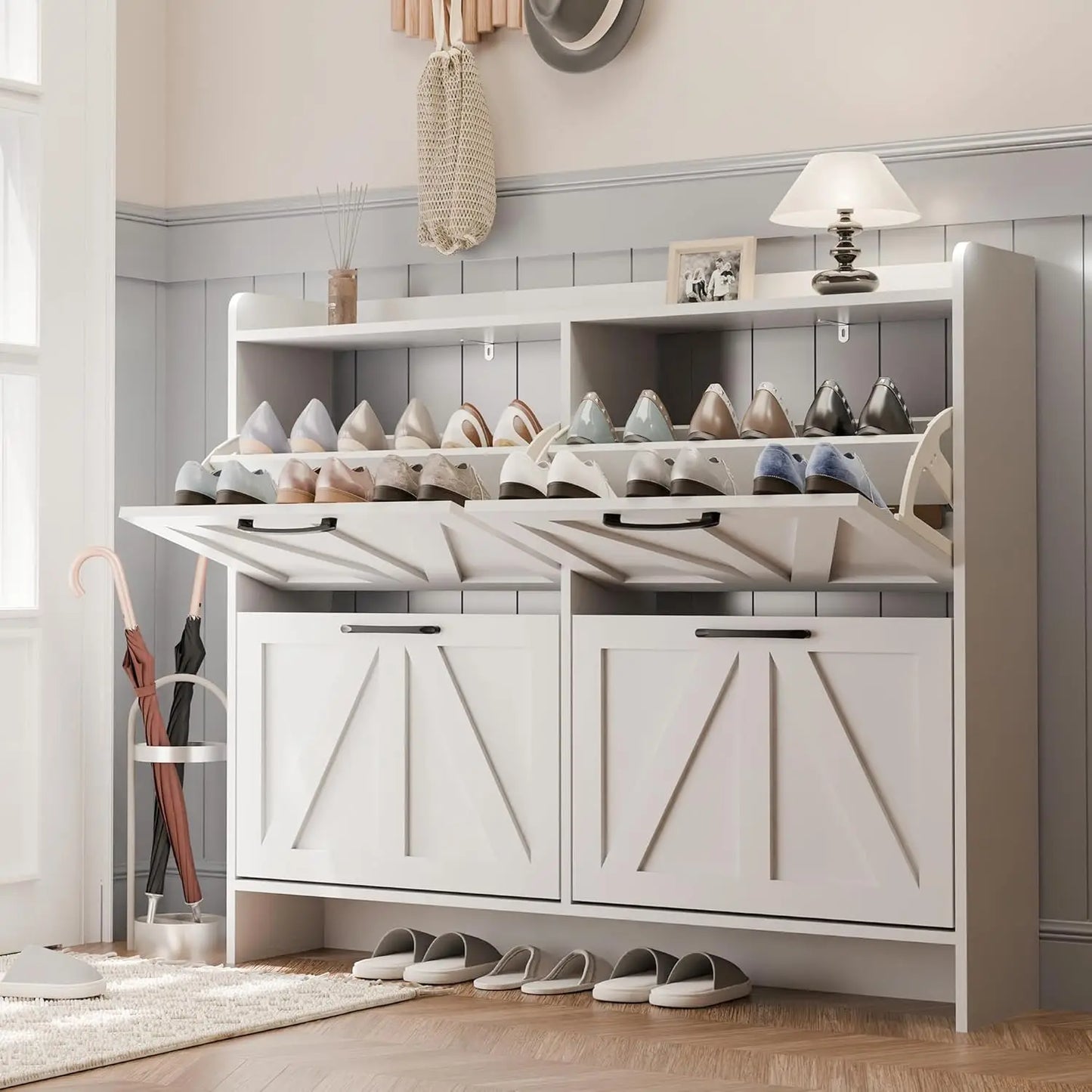 Shoe Storage Cabinet with 4 Flip Drawers, Freestanding Shoe Cabinet, Slim Shoe Organizer with Wood Legs for Entryway