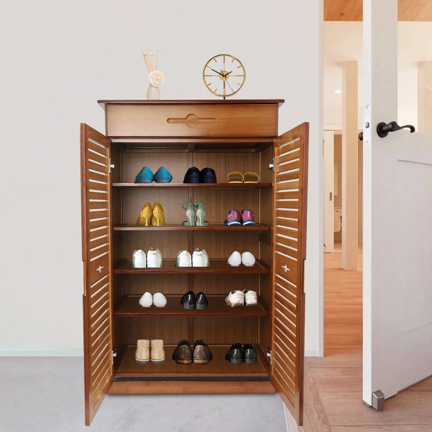 5-Tier Bamboo Shoe Rack w/ Drawer & Doors - Retro Entryway Storage Organizer Cabinet - Solid Wood Shoe Shelf for Hallway Closet