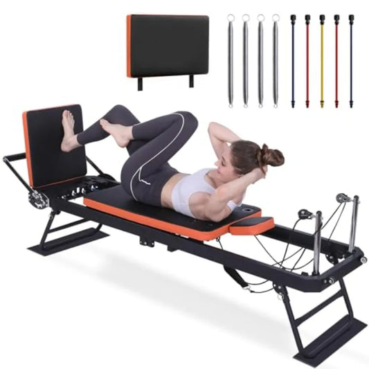 Foldable Pilates Reformer Machine for Home Gym Workout with 4 Springs 5 Cords Black Suitable for Beginners and Advanced Users U
