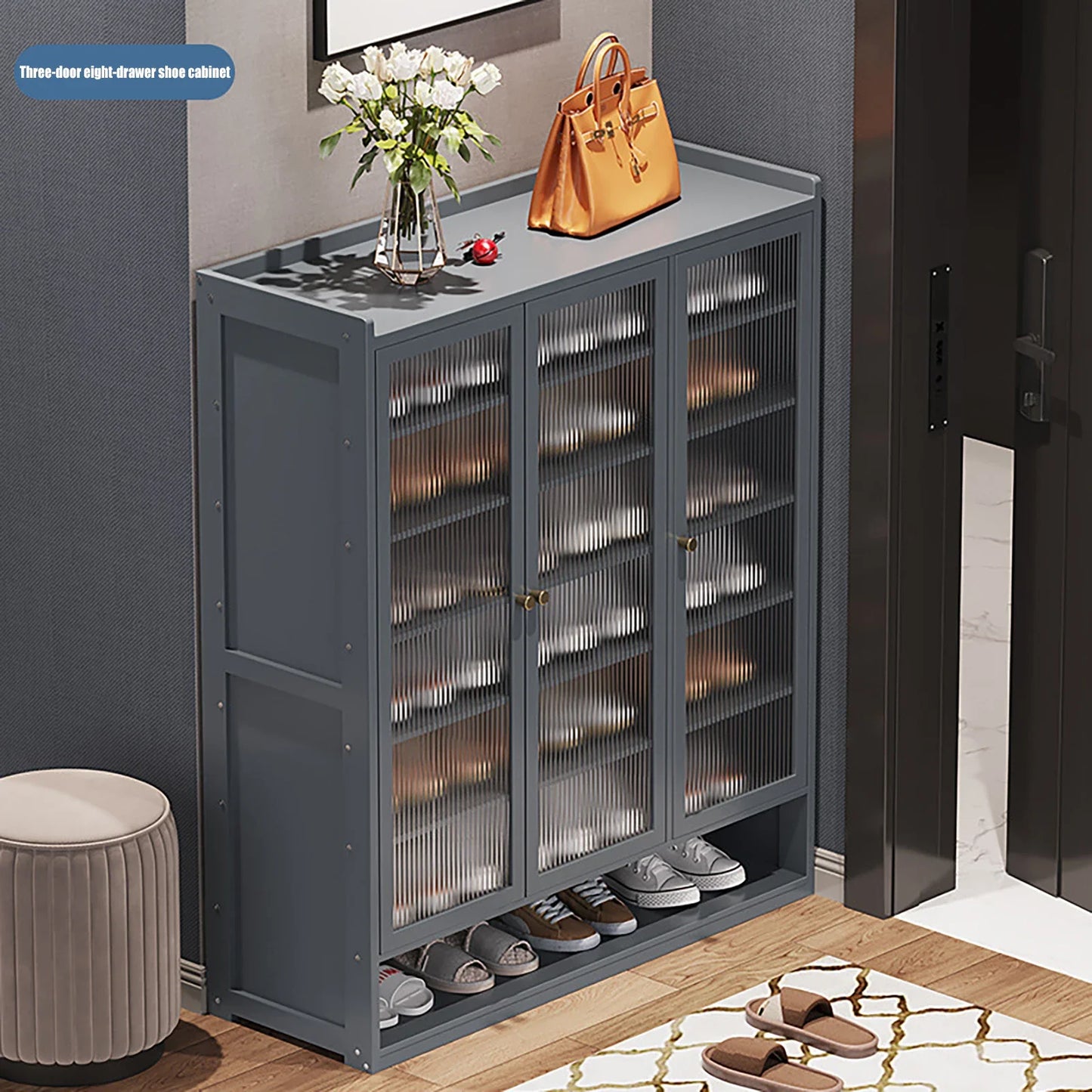 Shoe Cabinet Freestanding Organizer Shoe Rack Dustproof Shelf Shoe Storage Stand 8-Tier 3-Door