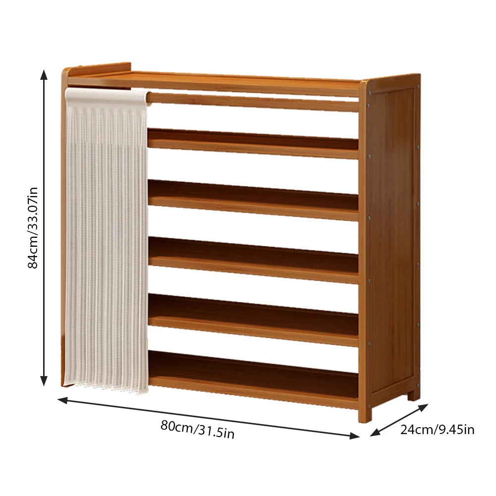 6-Tier Shoe Storage Cabinet Wooden Shoe Rack Shelf Space Saving Multiple-Layers Shoes Organizer Bracket With Dust-Proof Curtain