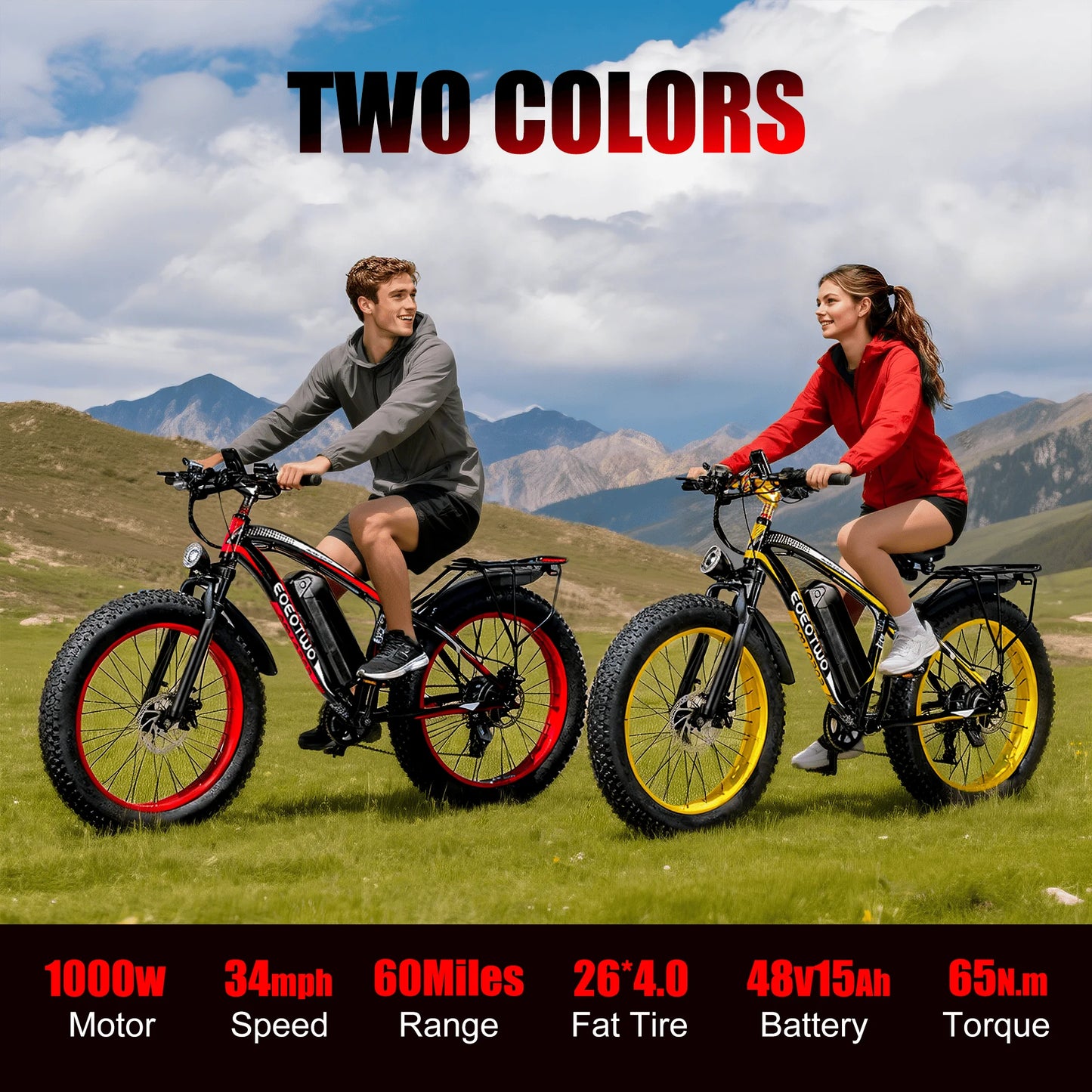 1500W Electric Bike 48V 15Ah Battery 26" 4.0 Fat Tire Ebike 34MPH High Speed Mountain Bicycle Off-Road Snow Bike for Adults