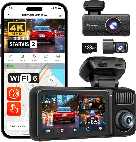 REDTIGER F17 Elite 4K 3 Channel Dash Cam 5.8Ghz Wifi 6 Full Night Color Touch Screen Voice Control Car Cameras 128GB Card HDR