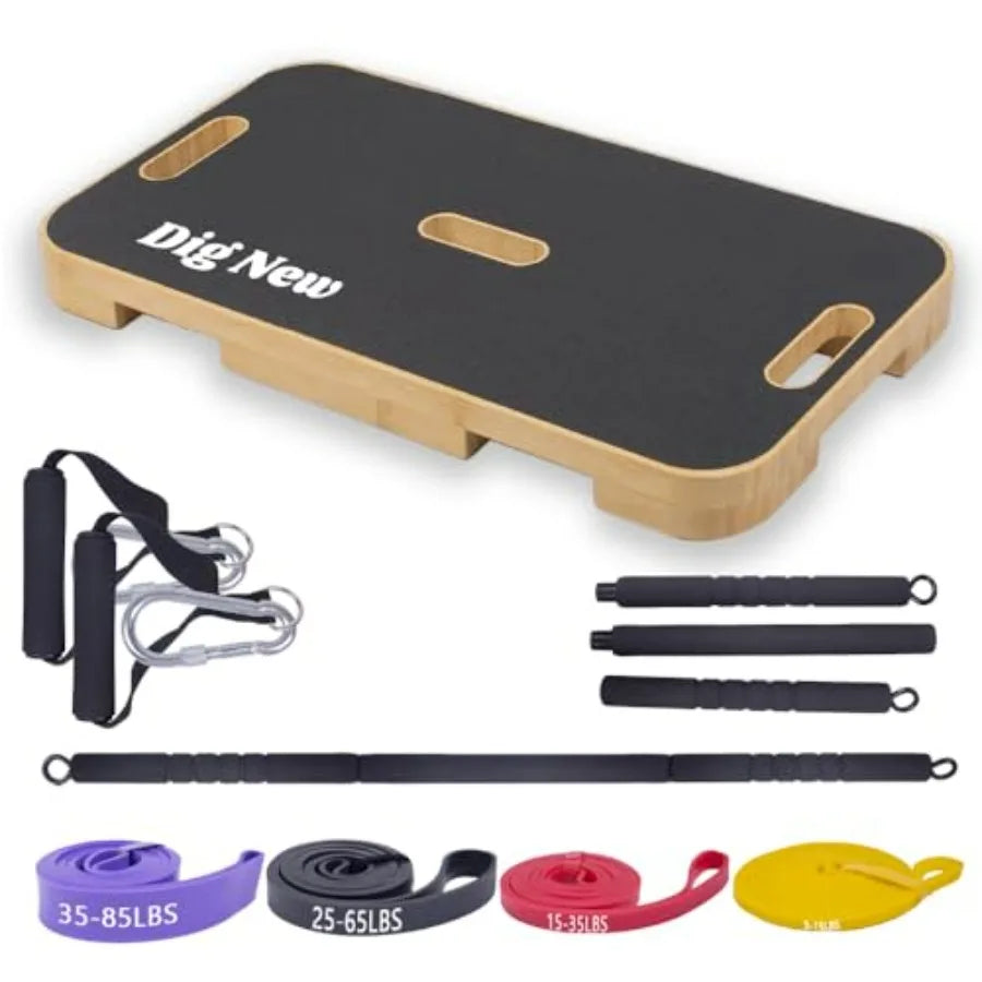 Wooden Resistance Band Foot Plate,Exercise Platform with Non-Slip Surface,Resistance Bar,4 Resistance Bands,for Home Gym, Full-B