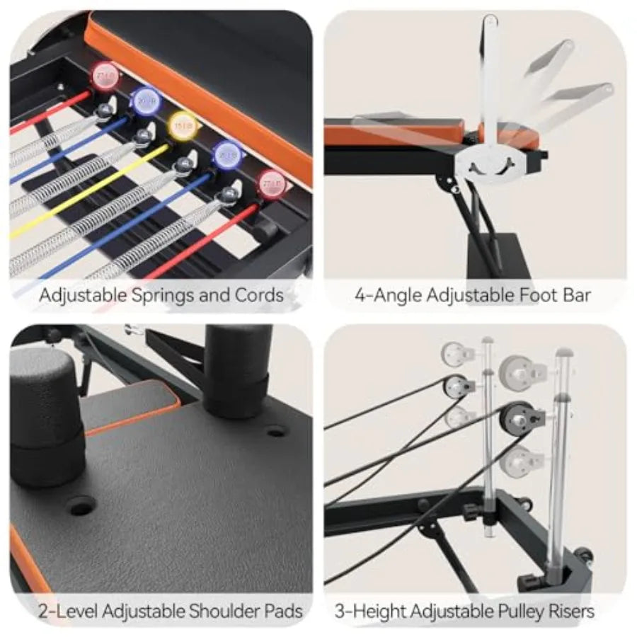 Foldable Pilates Reformer Machine for Home Gym Workout with 4 Springs 5 Cords Black Suitable for Beginners and Advanced Users U