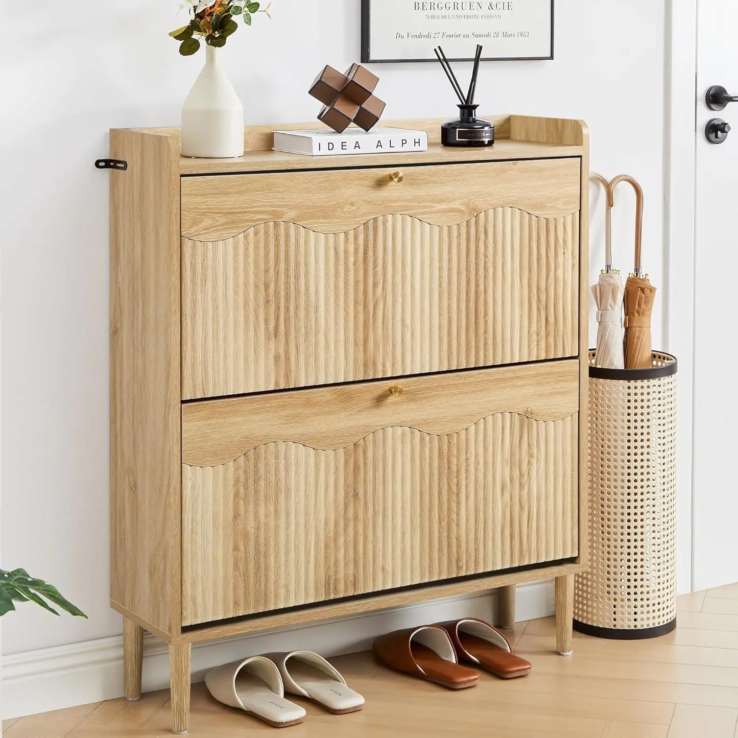 31.5” Fluted Shoe Storage Cabinet with 2 Flip Drawers,Narrow Shoe Storage Organizer Rack with Wave Door for, Customized