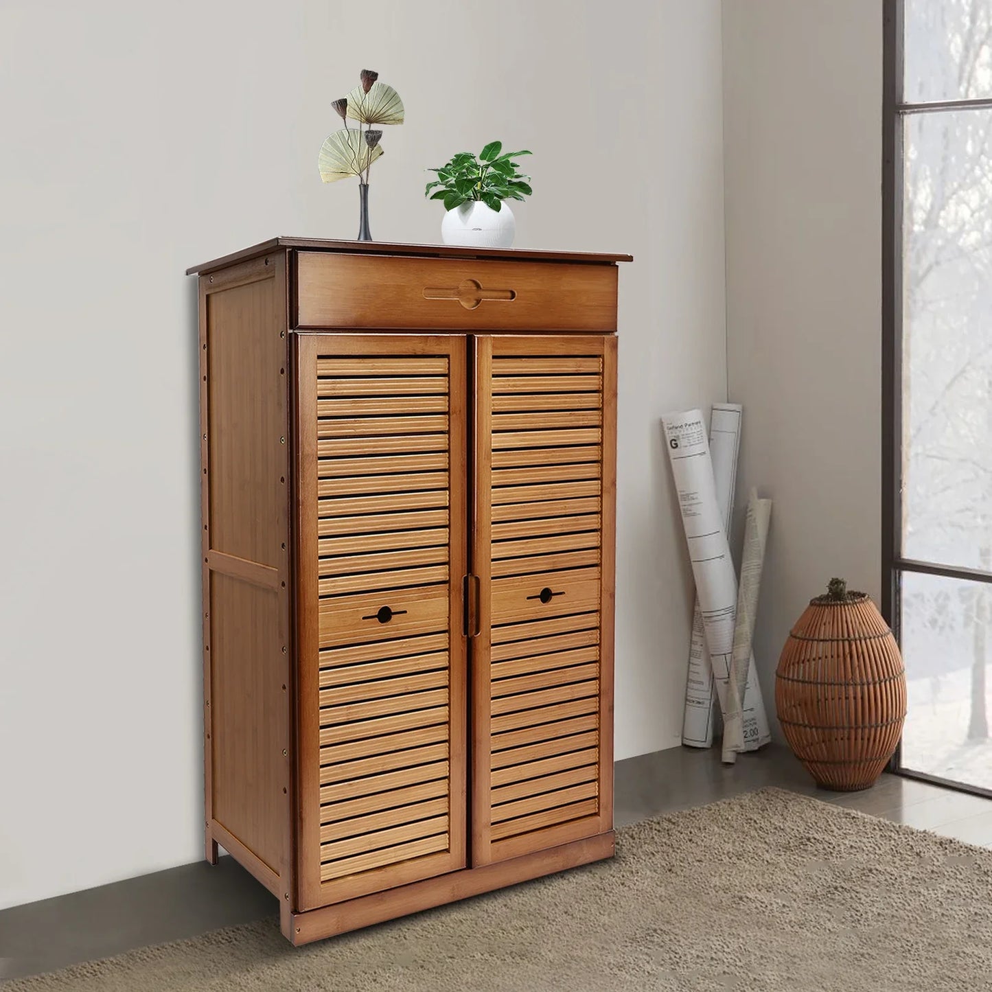 5-Tier Bamboo Shoe Rack w/ Drawer & Doors - Retro Entryway Storage Organizer Cabinet - Solid Wood Shoe Shelf for Hallway Closet