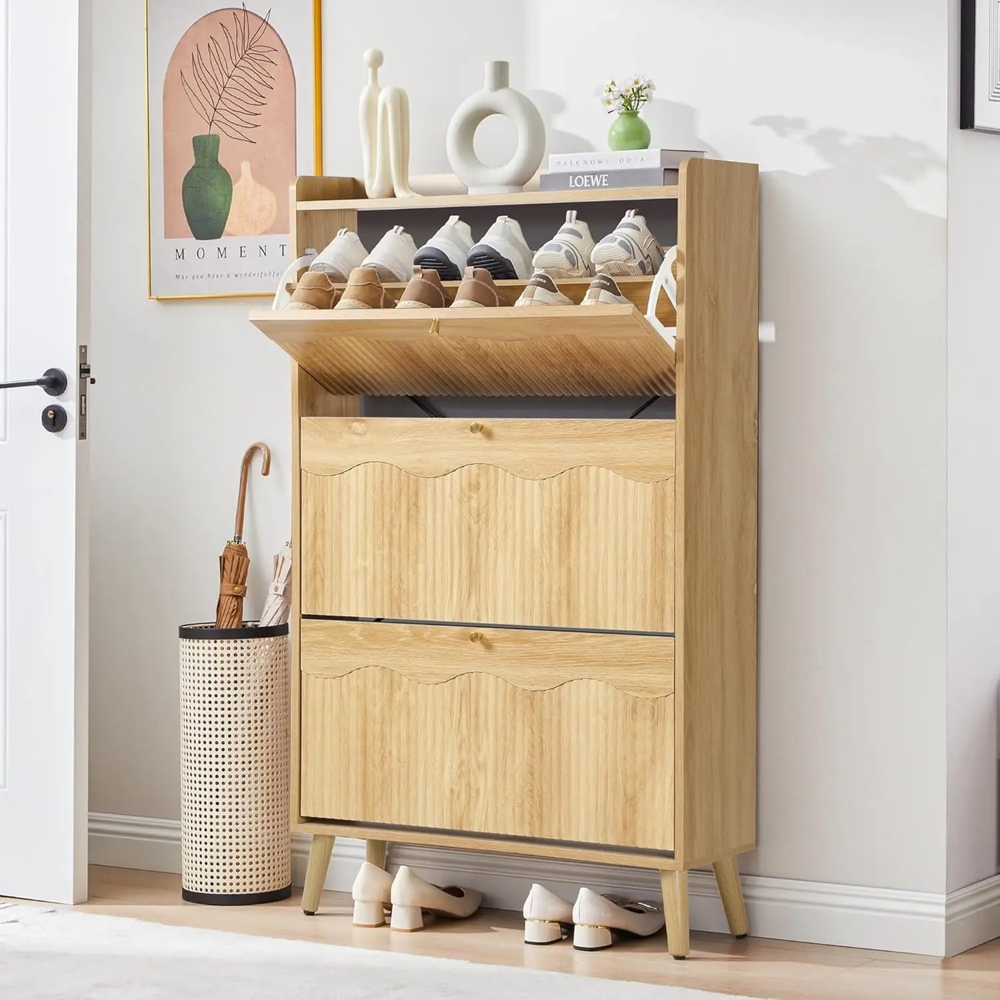 31.5” Fluted Shoe Storage Cabinet with 2 Flip Drawers,Narrow Shoe Storage Organizer Rack with Wave Door for, Customized