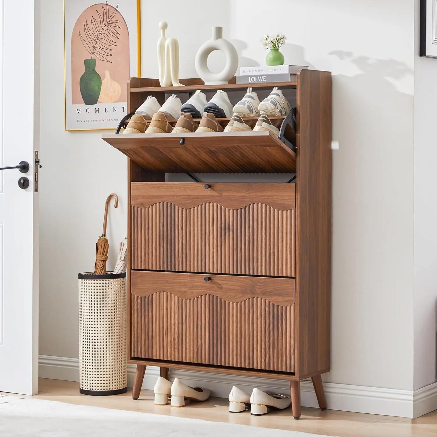 31.5” Fluted Shoe Storage Cabinet with 2 Flip Drawers,Narrow Shoe Storage Organizer Rack with Wave Door for, Customized