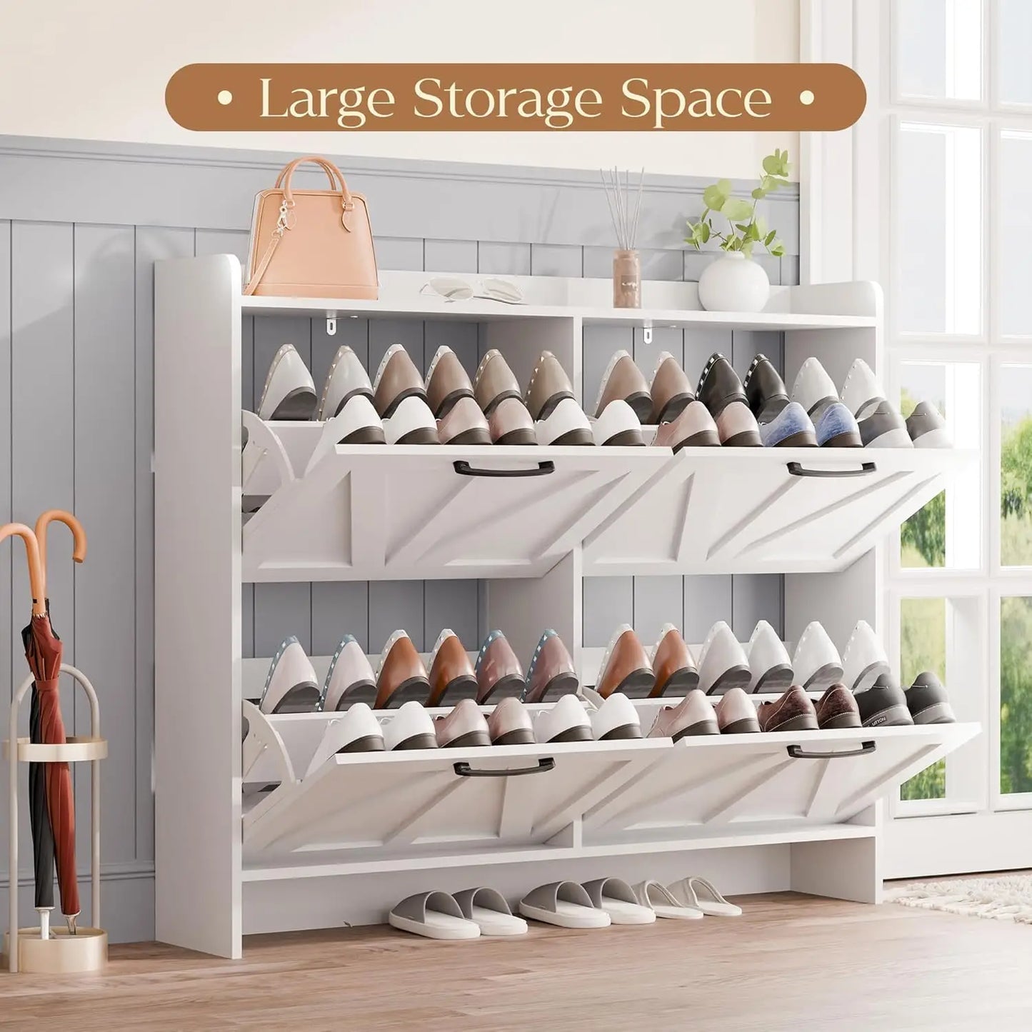 Shoe Storage Cabinet with 4 Flip Drawers, Freestanding Shoe Cabinet, Slim Shoe Organizer with Wood Legs for Entryway