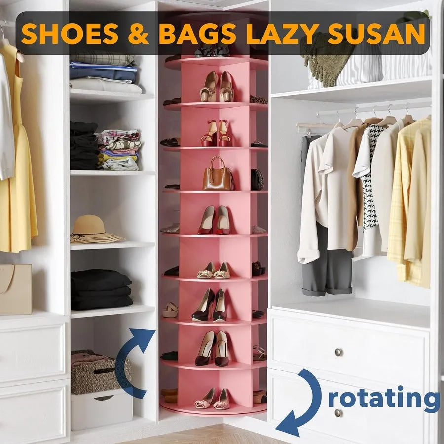 9 Tier Rotating Shoe Rack Tower Spinning Shoe Display Lazy Susan Revolving 360 Shoe Rack Storage Round Carousel Vertical Handba