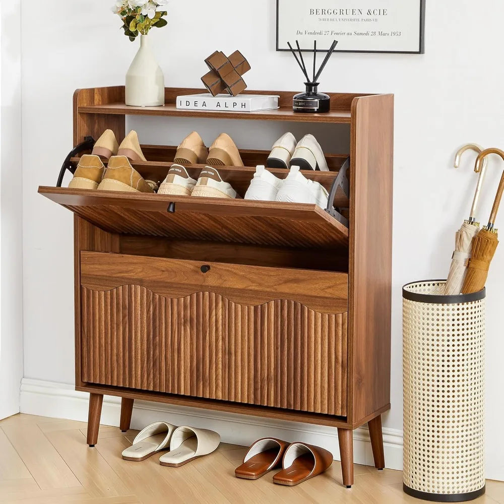 31.5” Fluted Shoe Storage Cabinet with 2 Flip Drawers,Narrow Shoe Storage Organizer Rack with Wave Door for, Customized