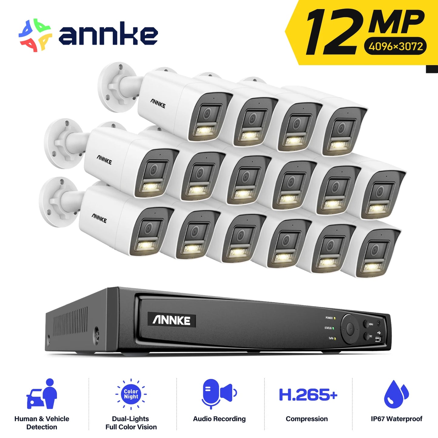 Annke 16CH NVR 12MP HD IP Security Camera Poe 6K Dual Light Audio Fixed Video Surveillance Human Vehicle Detection CCTV System