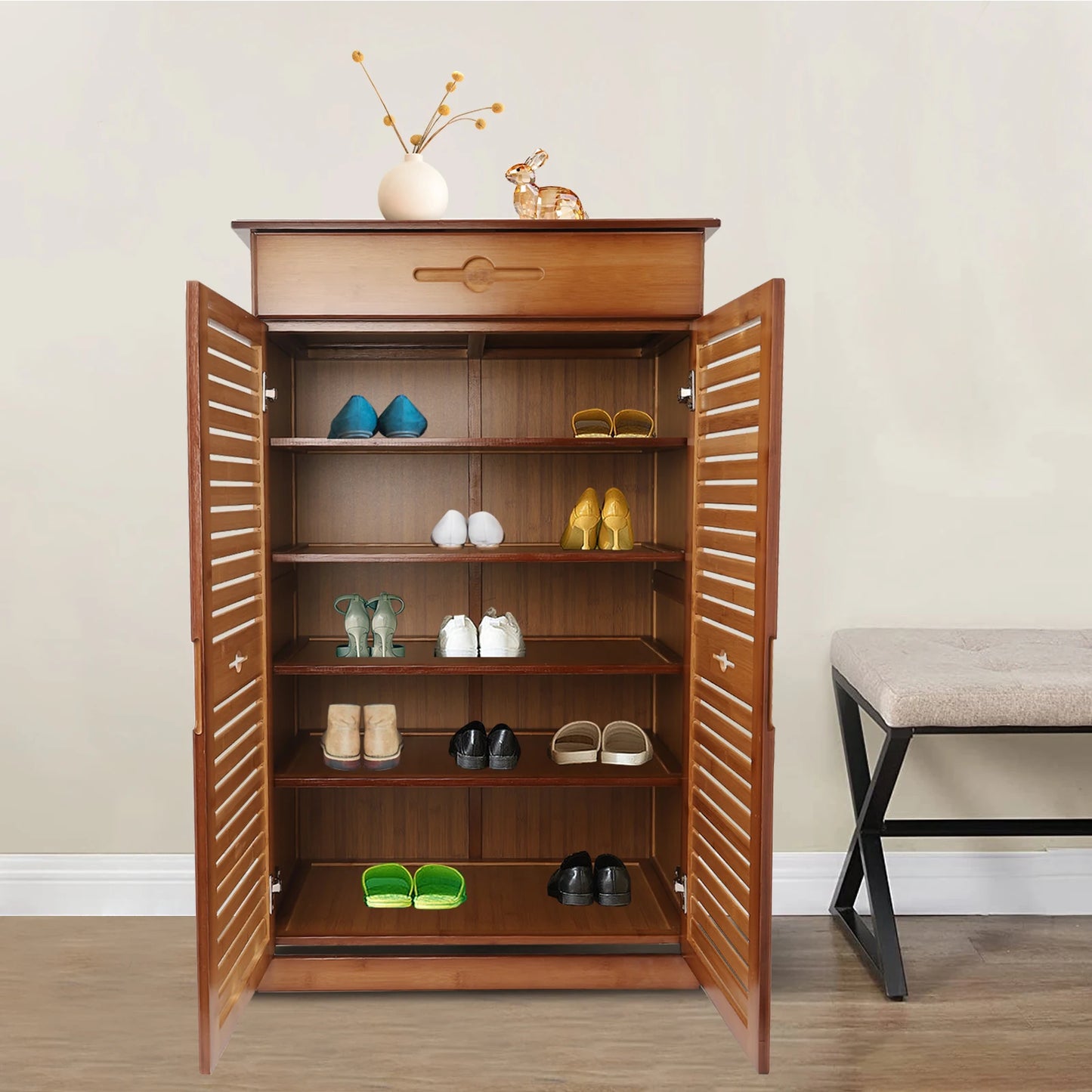 5-Tier Bamboo Shoe Rack w/ Drawer & Doors - Retro Entryway Storage Organizer Cabinet - Solid Wood Shoe Shelf for Hallway Closet