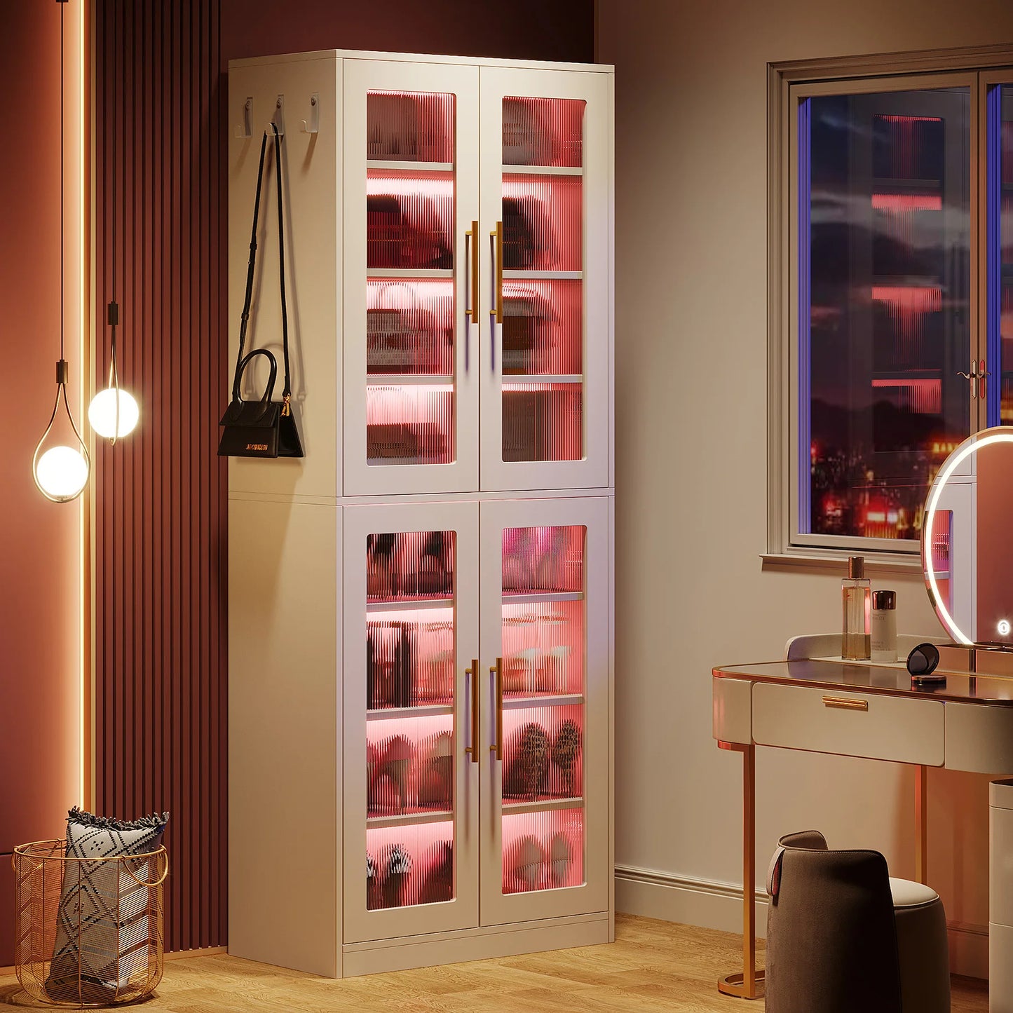 Tribesigns Tall Shoe Cabinet with Acrylic Doors and LED Lights, 8-Tier Entryway Shoe Storage Rack with Adjustable Shelves