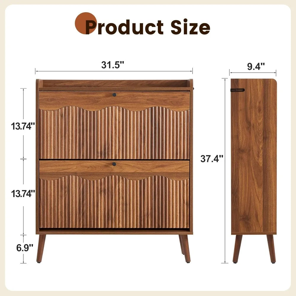 31.5” Fluted Shoe Storage Cabinet with 2 Flip Drawers,Narrow Shoe Storage Organizer Rack with Wave Door for, Customized