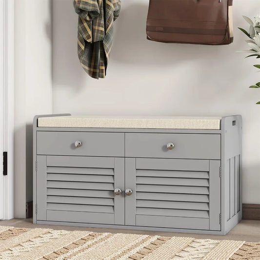 Shoe Bench with Cushion 2 Drawers Storage Bench with 2 Adjustable Shelves Shoe Cabinet for Entryway Living Room Hallway Mudroom
