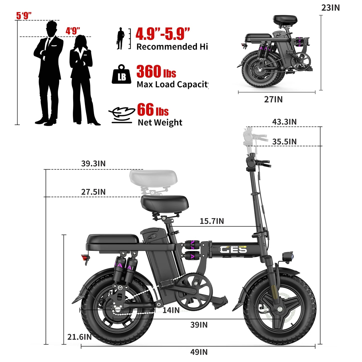 UPlee GE5 Adults Electric Bike 500W Peak Motor 48V 15AH Removable Battery Electric Bicycle 14 Inch Folding Urban leisure e bike